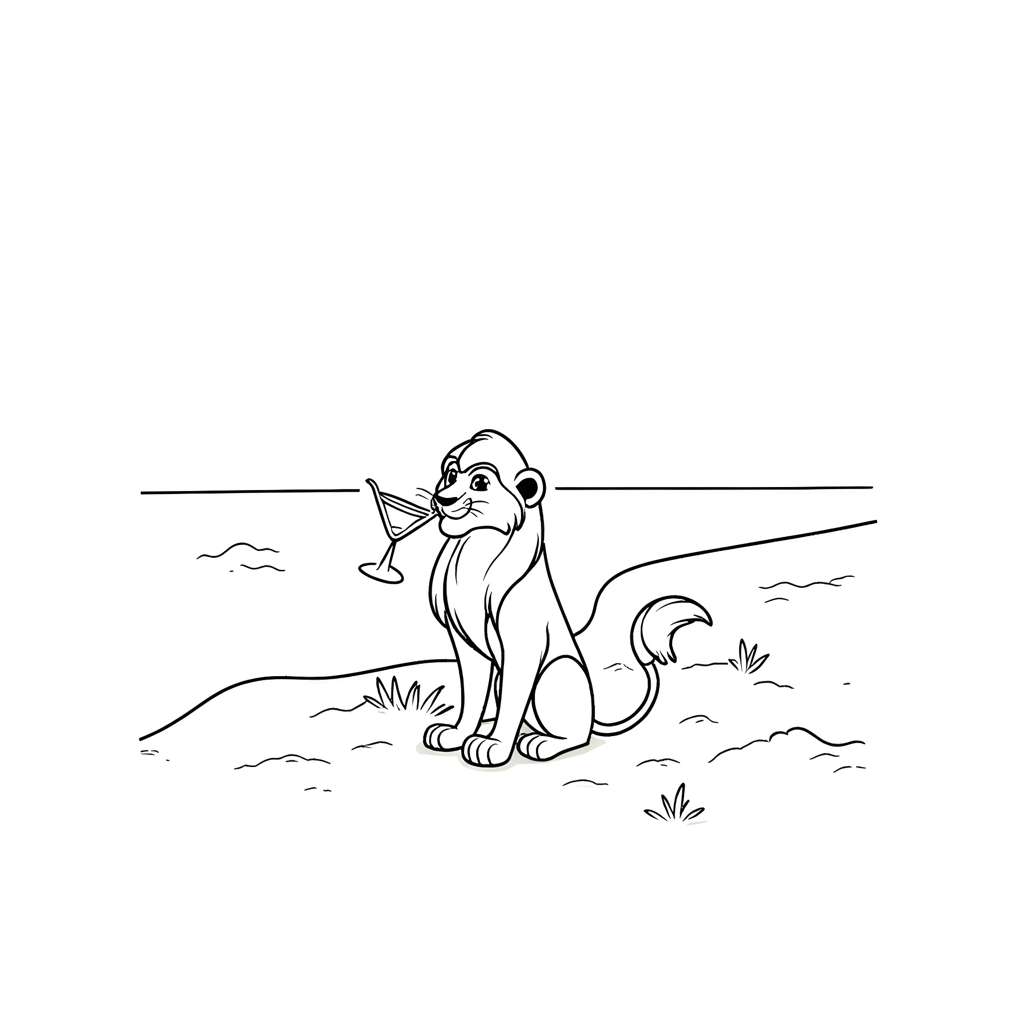 Scar enjoying a refreshing drink in the wilderness Coloring Page (free black-and-white line drawing printable PDF for all, from beginners to advanced learners, including children, teens, adults, and seniors)