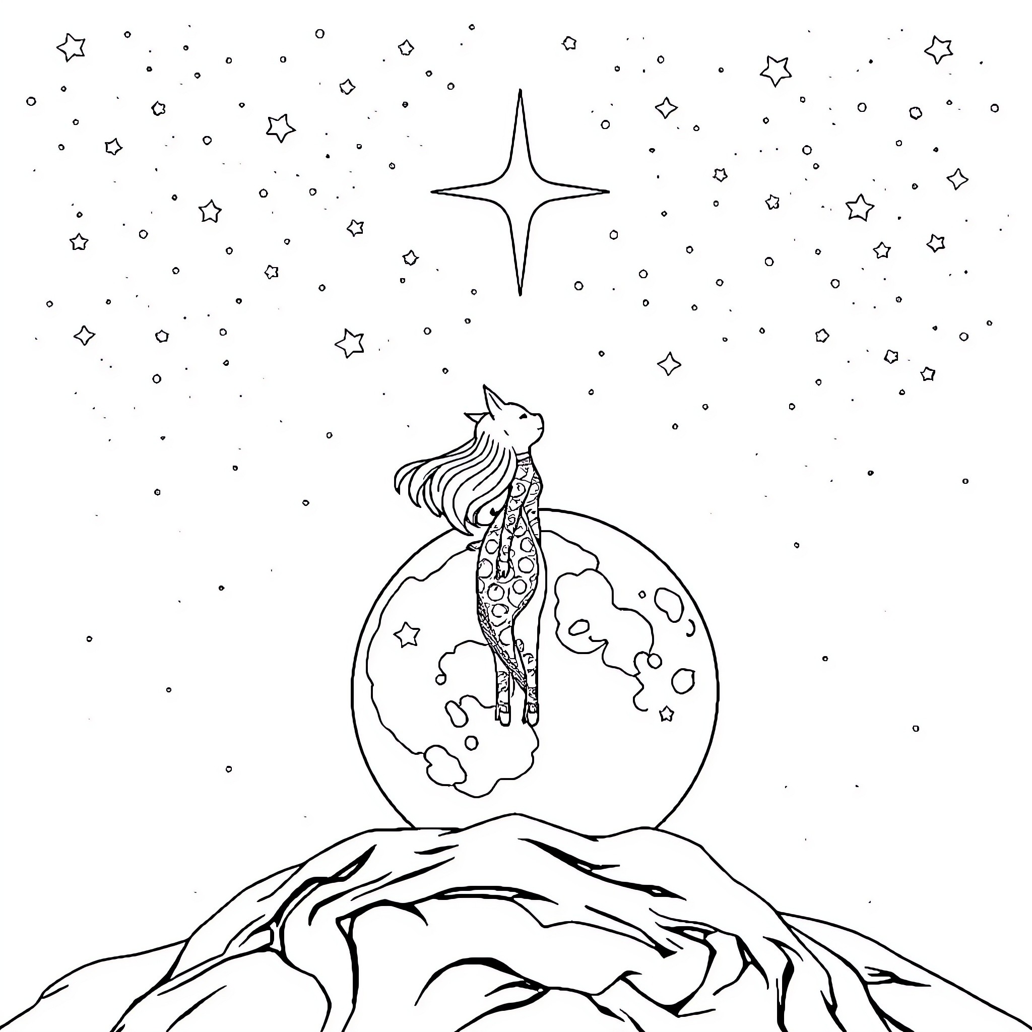 Noctali standing on a starry night landscape Coloring Page (free black-and-white line drawing printable PDF for all, from beginners to advanced learners, including children, teens, adults, and seniors)