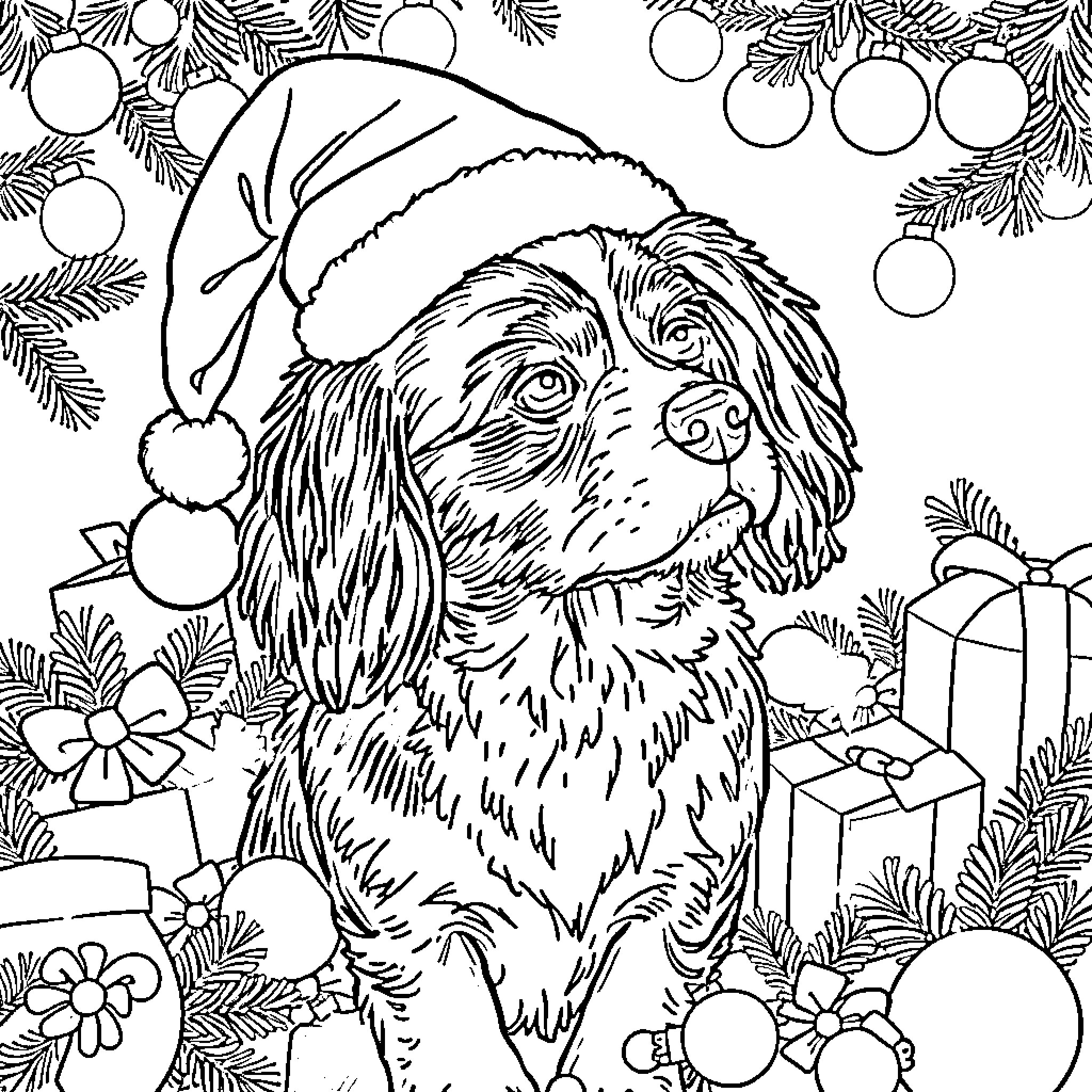 King Charles Cavalier Dog Wearing Santa Hat in Festive Scene Coloring Page (free black-and-white line drawing printable PDF for all, from beginners to advanced learners, including children, teens, adults, and seniors)