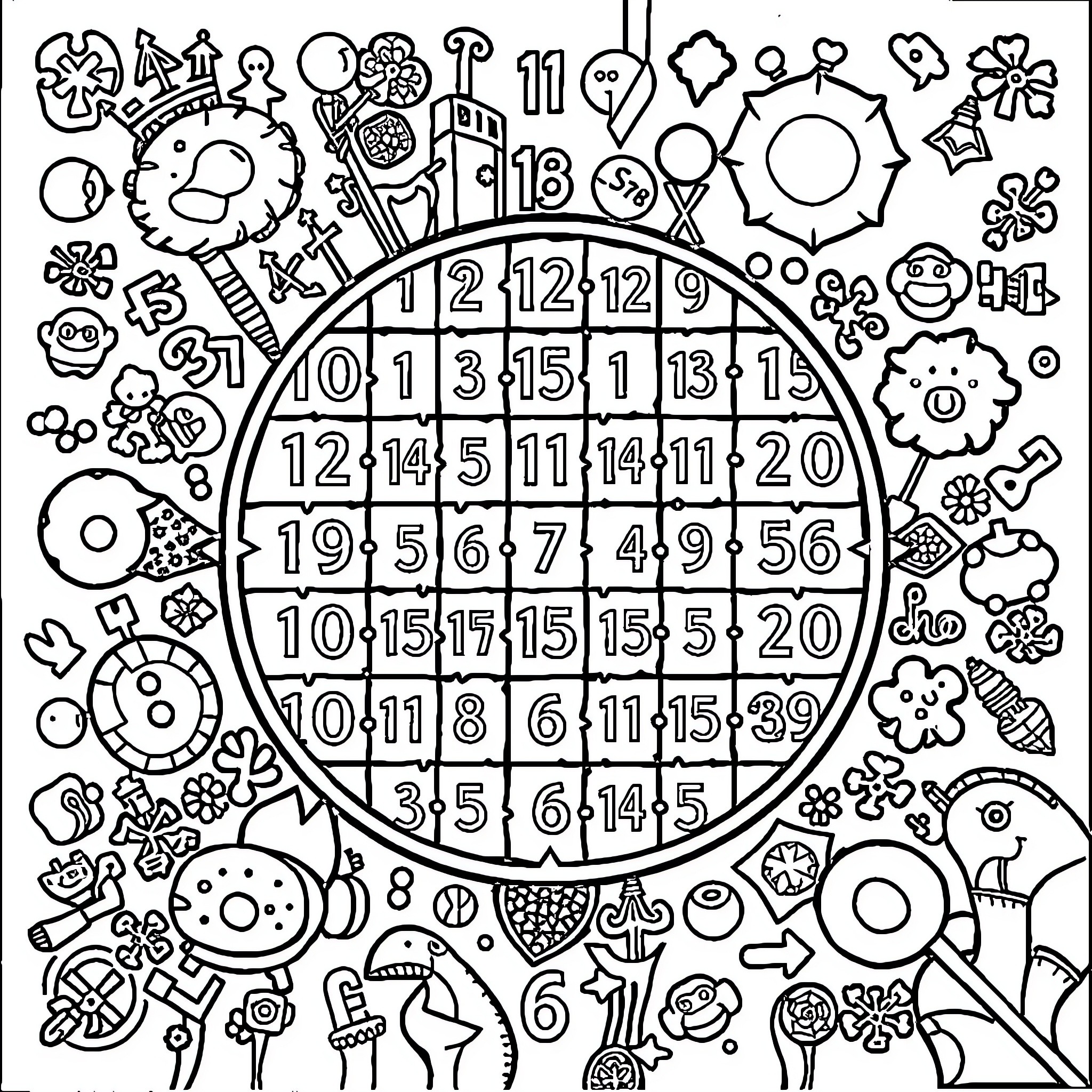 Math Puzzle with Whimsical Doodles and Patterns Coloring Page (free black-and-white line drawing printable PDF for all, from beginners to advanced learners, including children, teens, adults, and seniors)