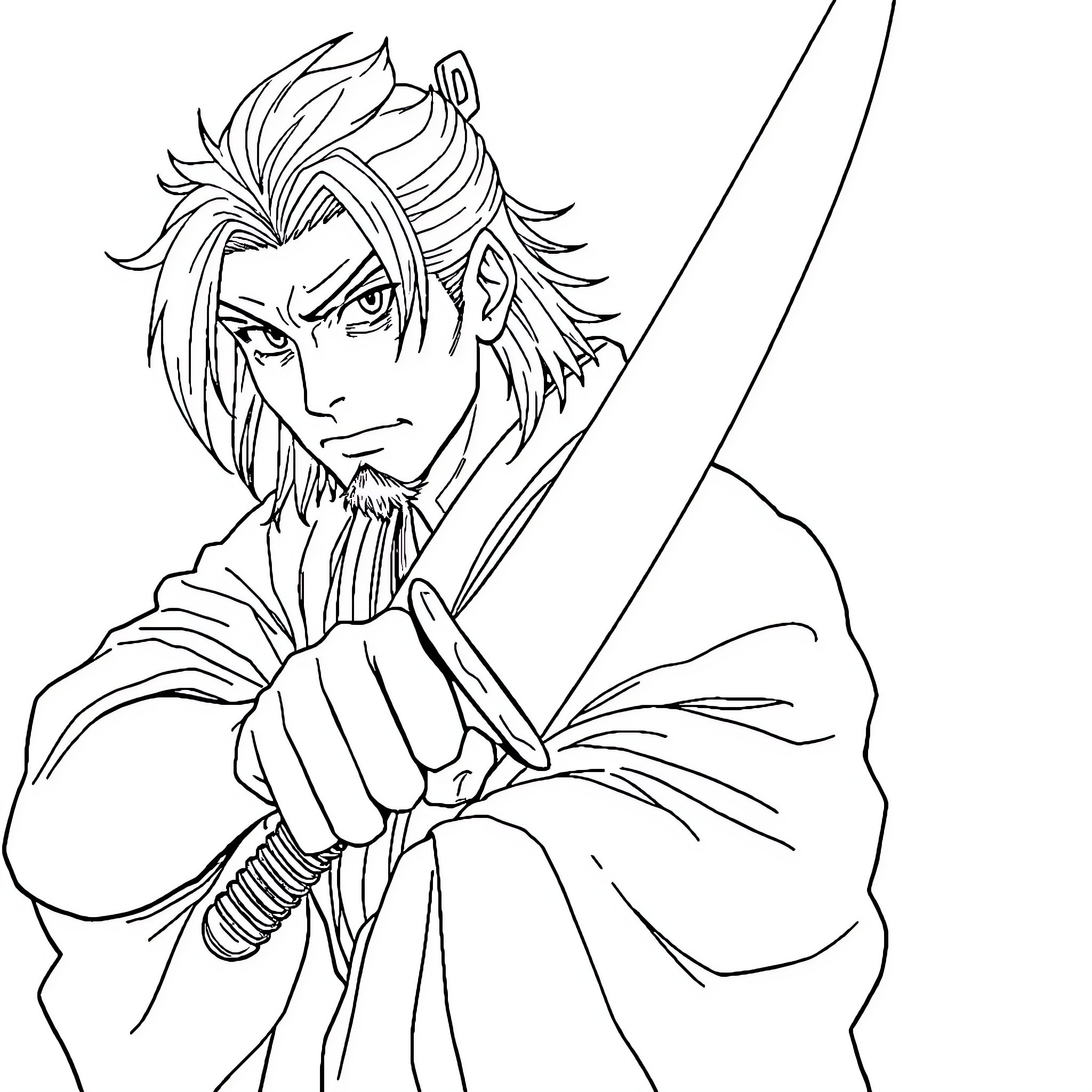 Tanjiro in battle stance with sword drawn Coloring Page (free black-and-white line drawing printable PDF for all, from beginners to advanced learners, including children, teens, adults, and seniors)