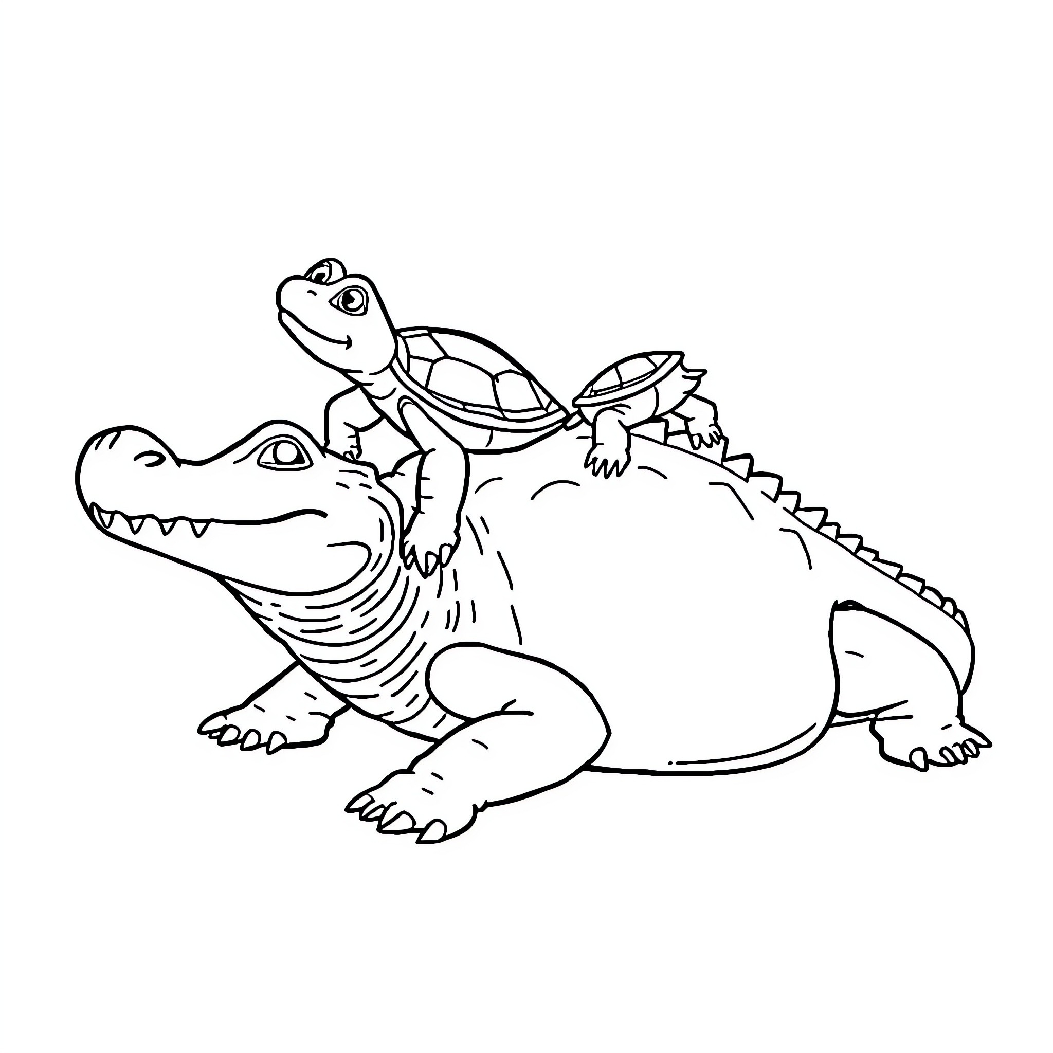 Turtle riding on alligator's back Coloring Page (free black-and-white line drawing printable PDF for all, from beginners to advanced learners, including children, teens, adults, and seniors)