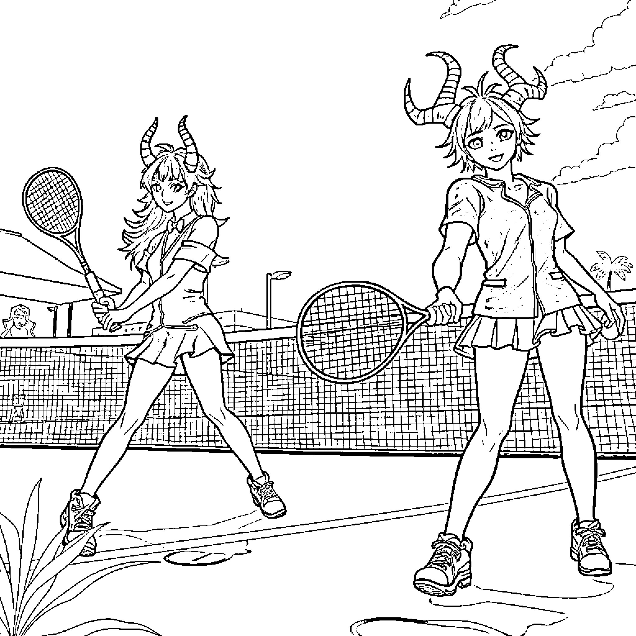 Kpop Idols Engaging in Energetic Tennis Match Coloring Page (free black-and-white line drawing printable PDF for all, from beginners to advanced learners, including children, teens, adults, and seniors)