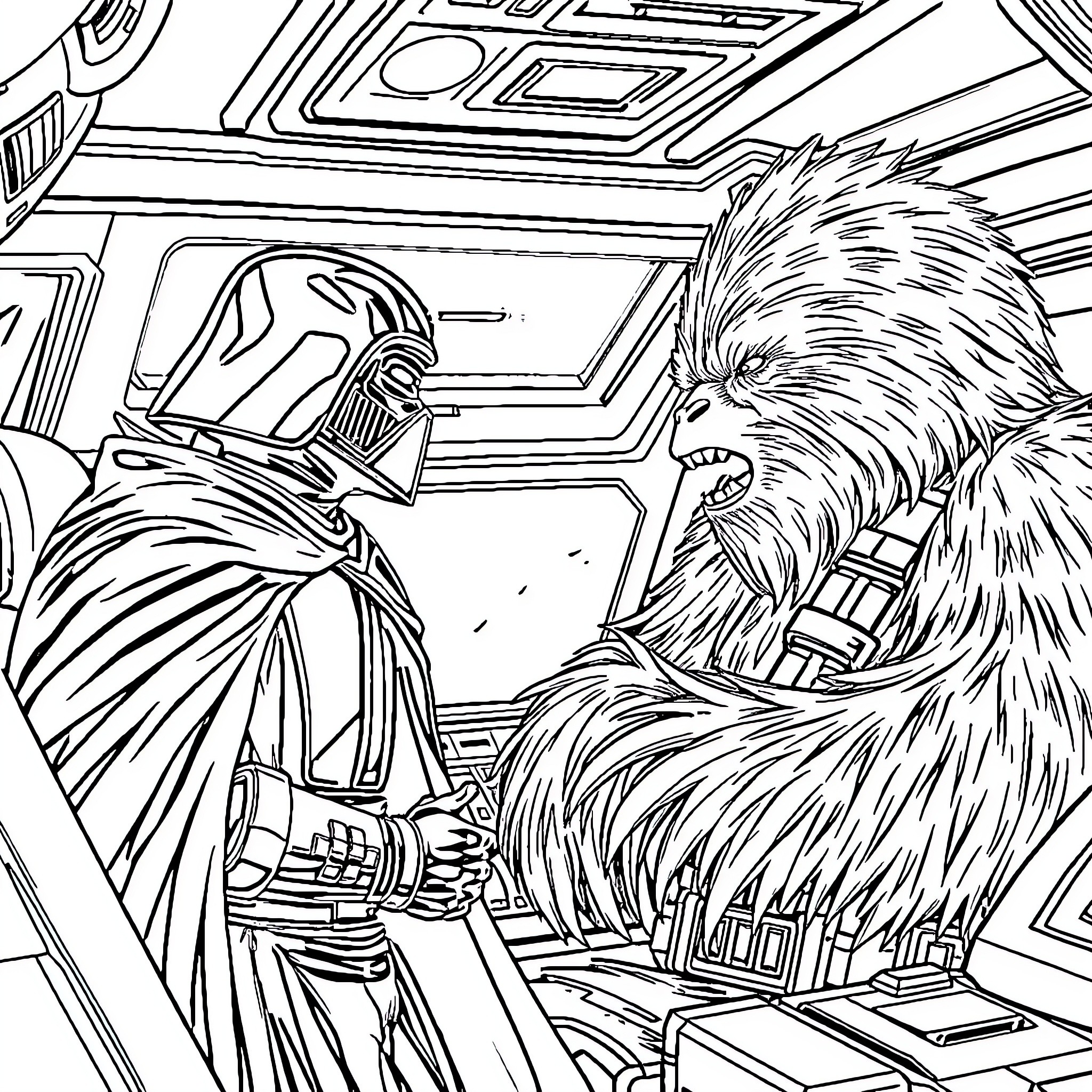 Kylo Ren confronting the mighty Chewbacca Coloring Page (free black-and-white line drawing printable PDF for all, from beginners to advanced learners, including children, teens, adults, and seniors)