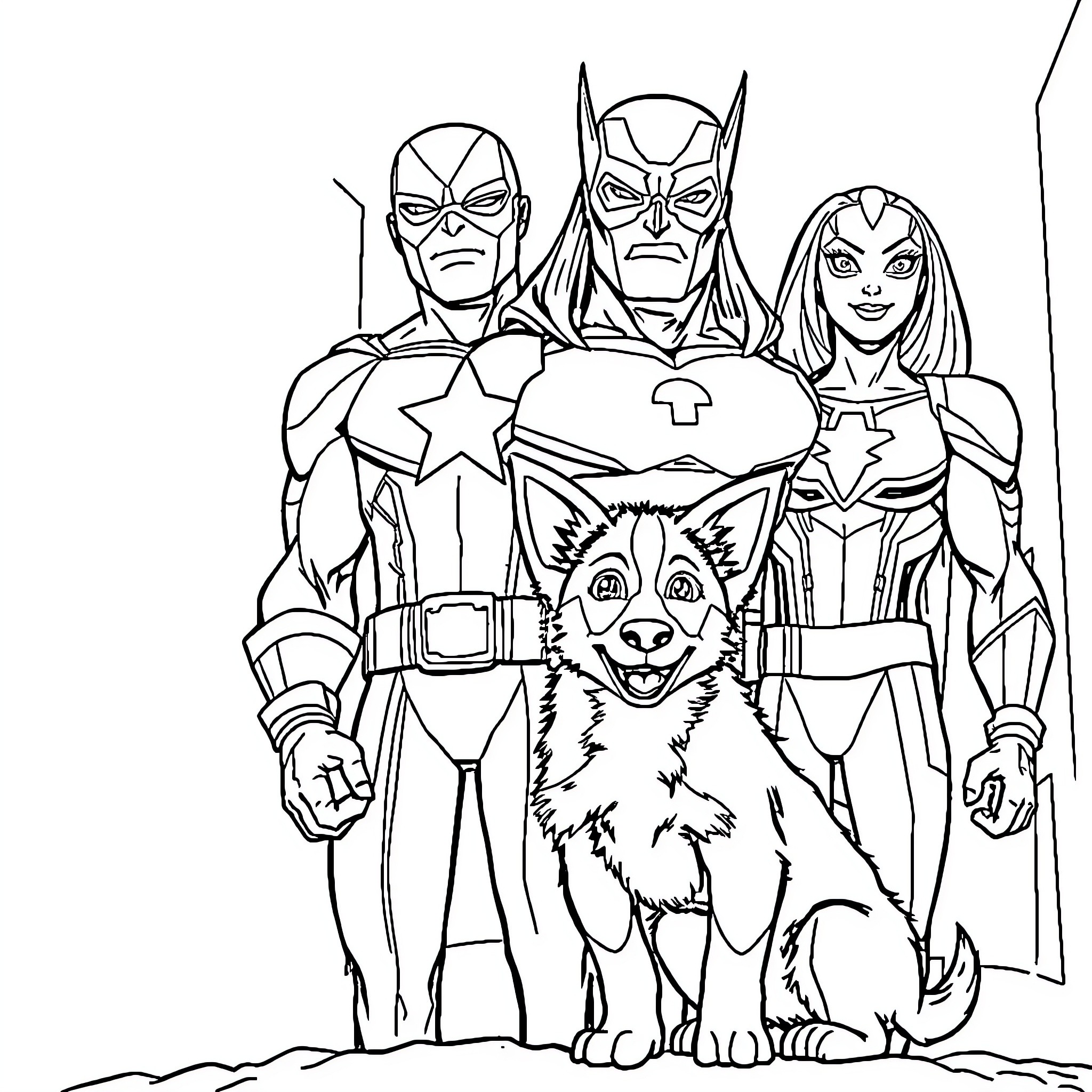 Marvel Heroes Assemble with a Furry Companion Coloring Page (free black-and-white line drawing printable PDF for all, from beginners to advanced learners, including children, teens, adults, and seniors)