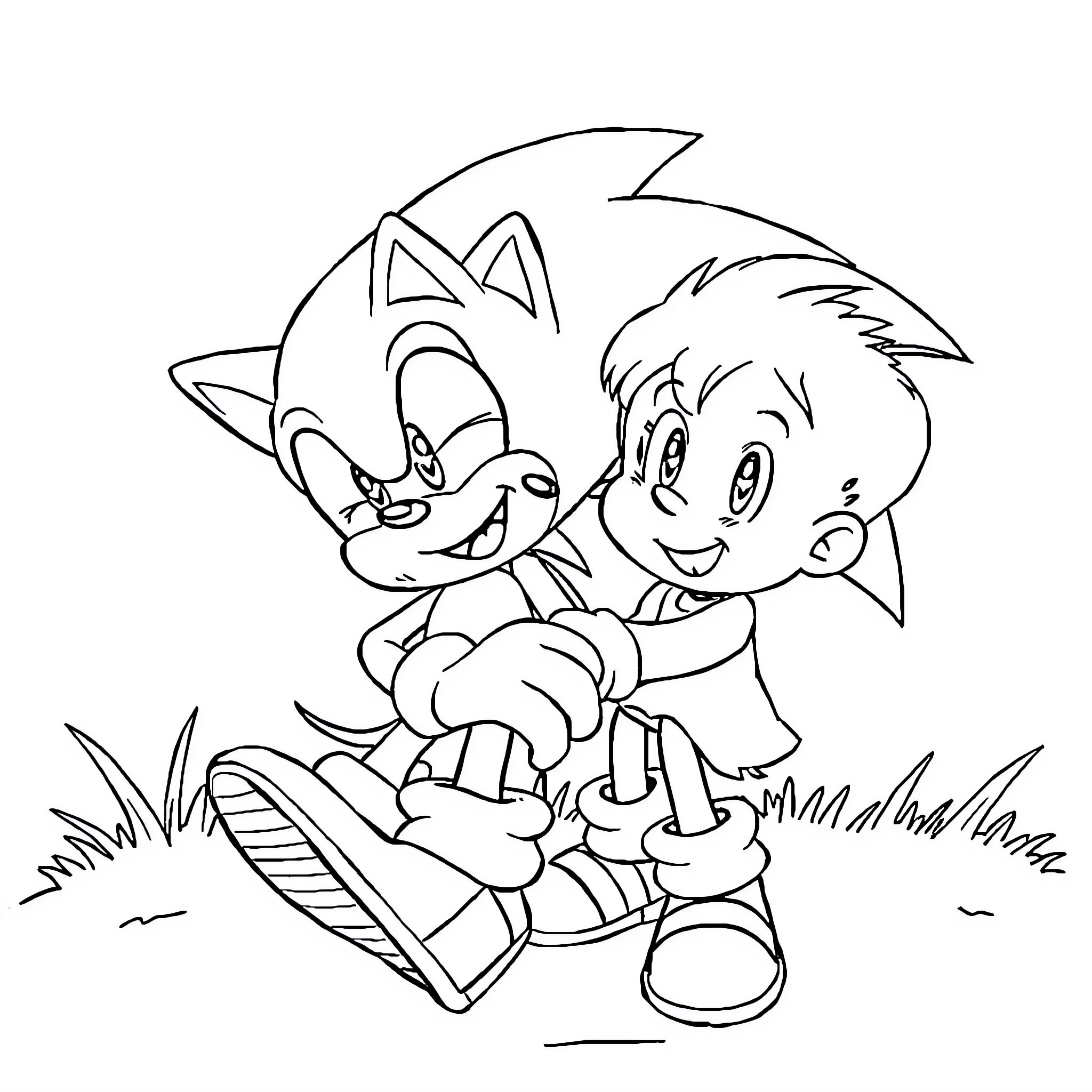 Sonic and his young friend playing in nature Coloring Page (free black-and-white line drawing printable PDF for all, from beginners to advanced learners, including children, teens, adults, and seniors)