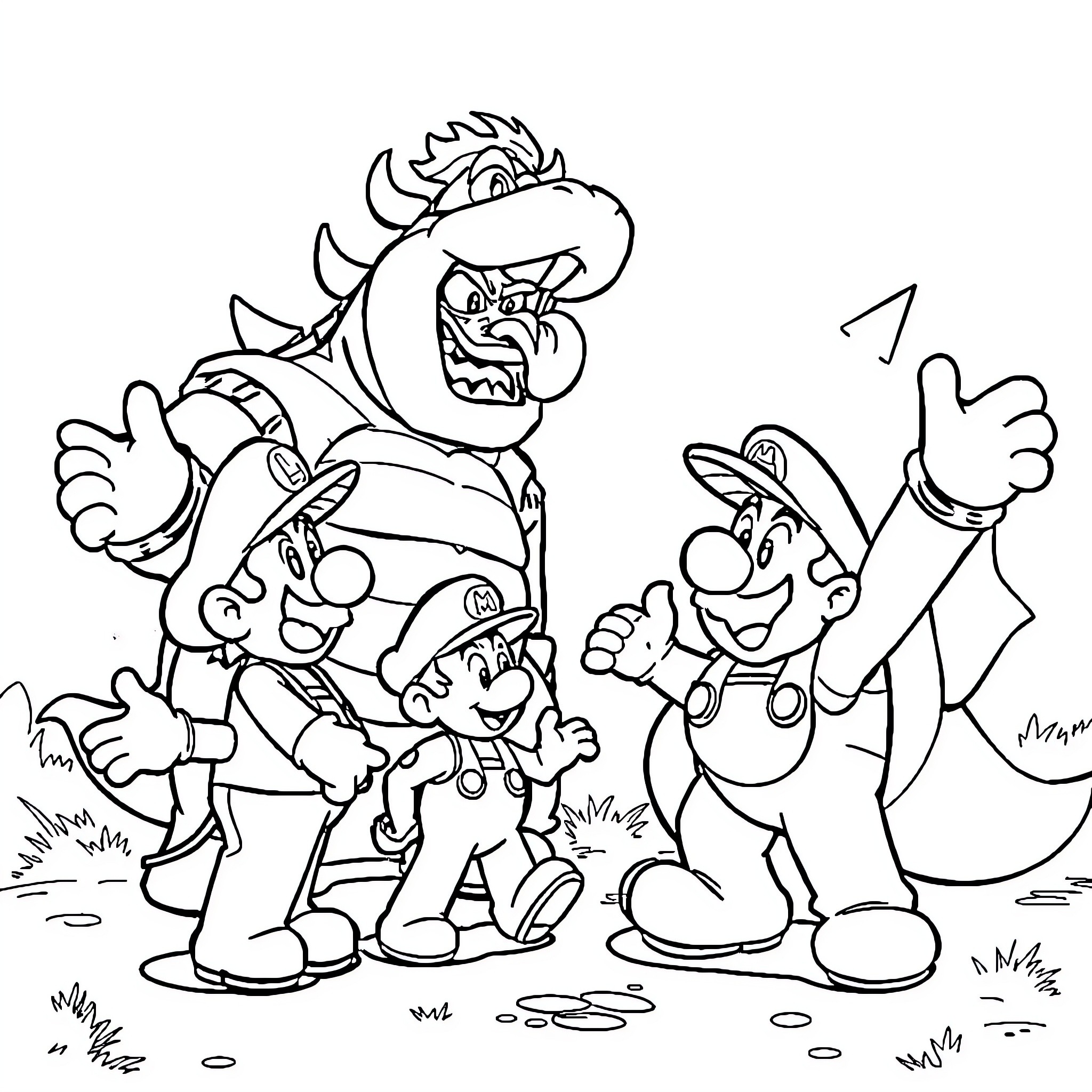 Bowser and companions in a playful scene Coloring Page (free black-and-white line drawing printable PDF for all, from beginners to advanced learners, including children, teens, adults, and seniors)