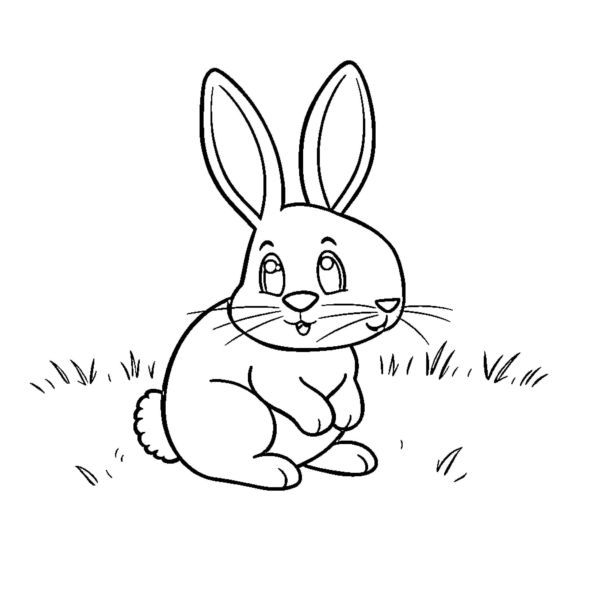 Rabbit sitting happily in the grass Coloring Page (free black-and-white line drawing printable PDF for all, from beginners to advanced learners, including children, teens, adults, and seniors)