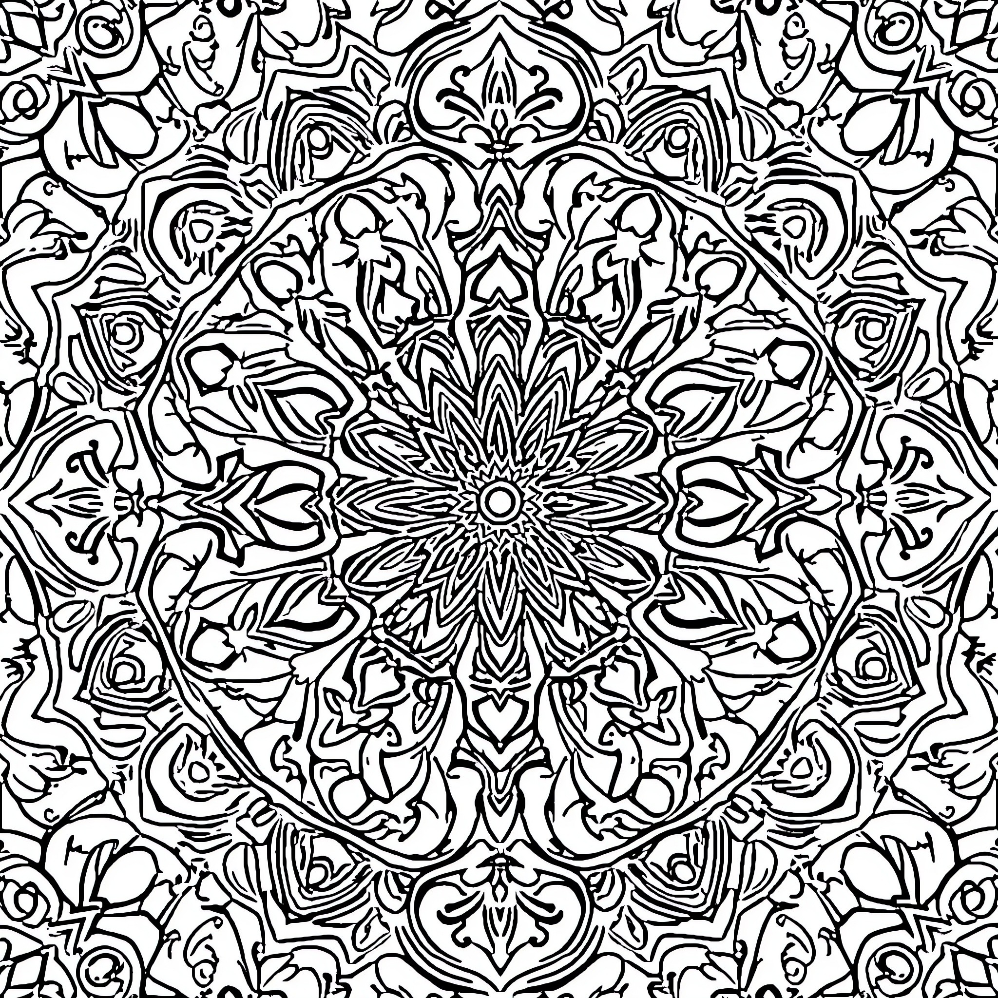 Mandala of intricate floral patterns and designs Coloring Page (free black-and-white line drawing printable PDF for all, from beginners to advanced learners, including children, teens, adults, and seniors)