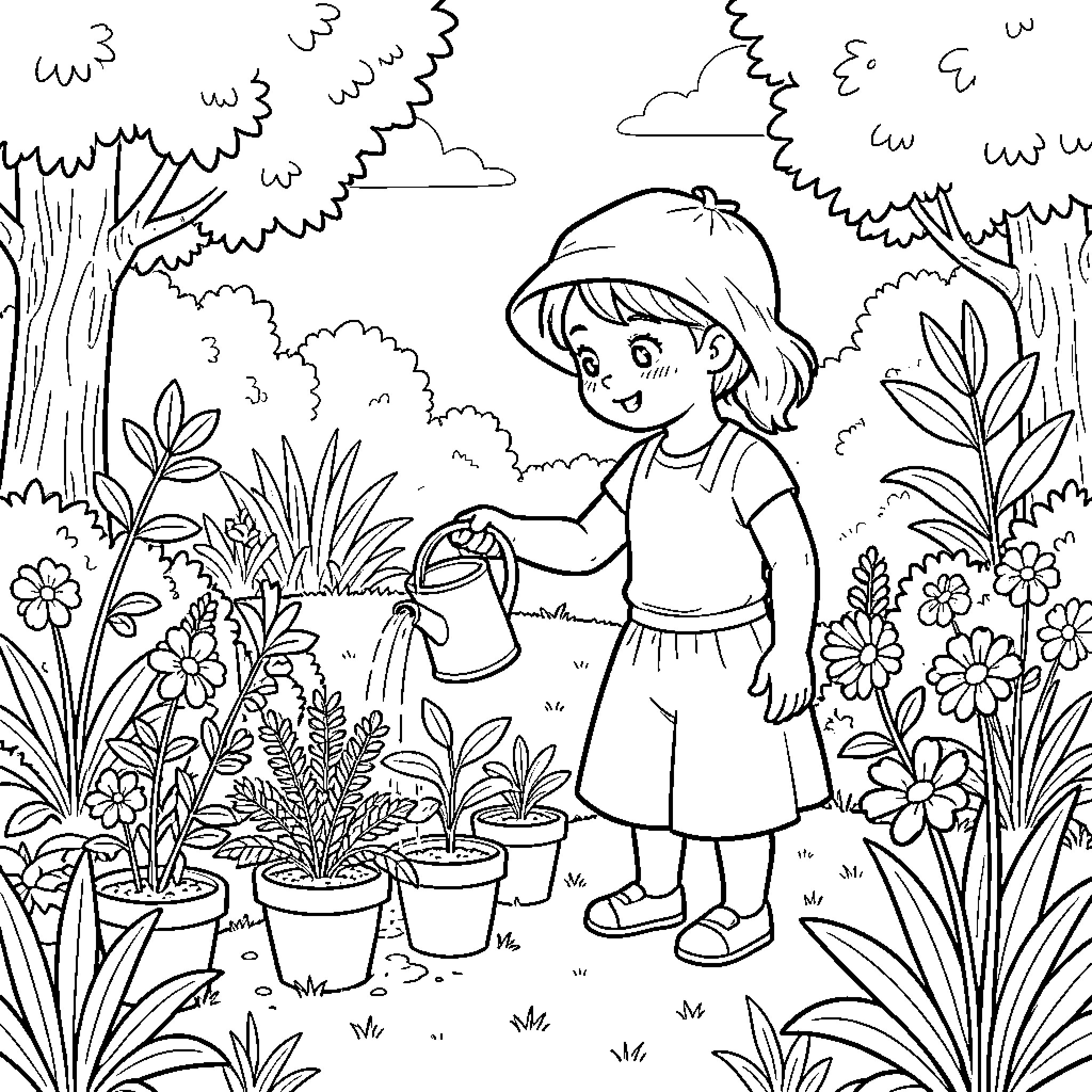 Mini Girl Watering Plants in a Blooming Garden Coloring Page (free black-and-white line drawing printable PDF for all, from beginners to advanced learners, including children, teens, adults, and seniors)