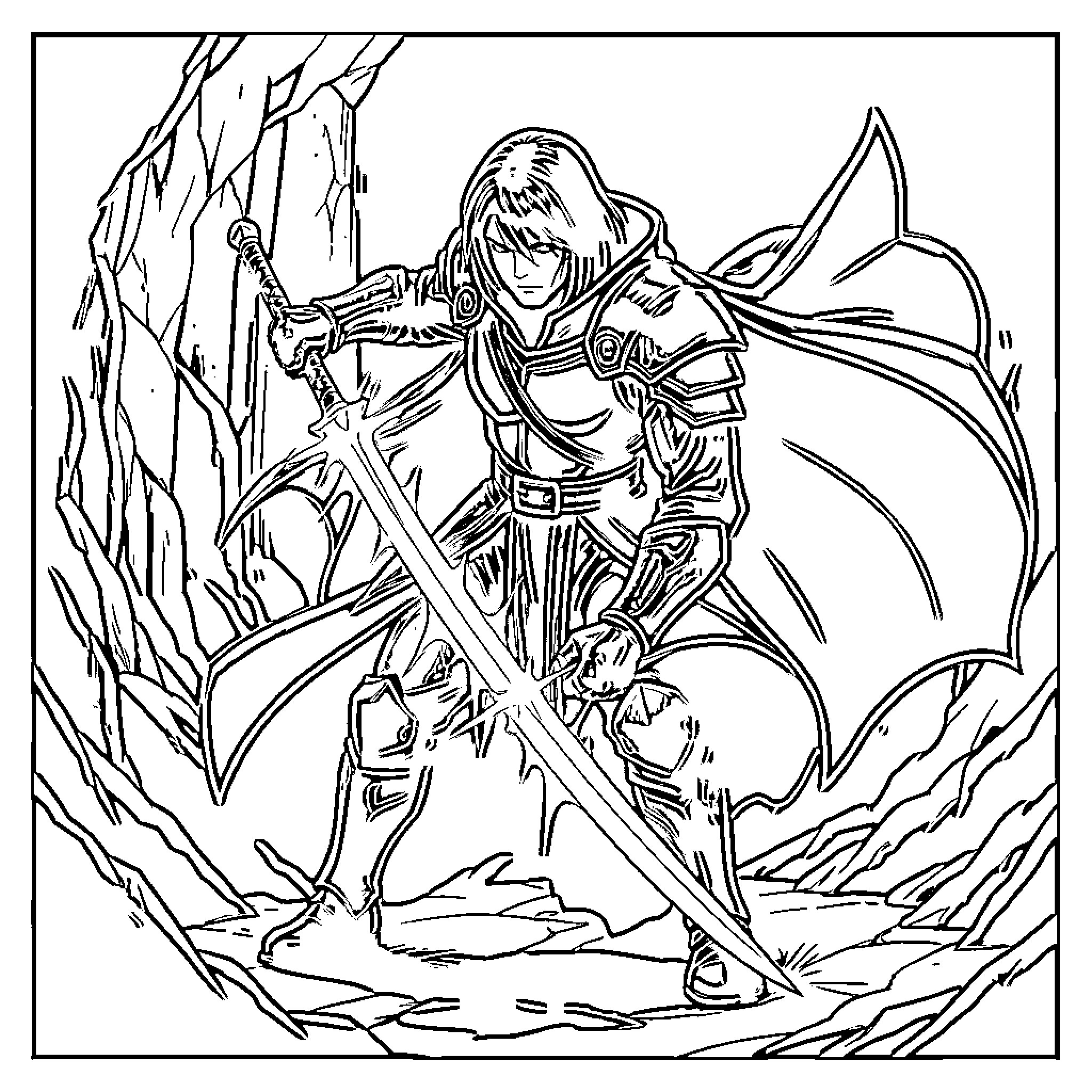 Blader warrior in action-packed battle scene Coloring Page (free black-and-white line drawing printable PDF for all, from beginners to advanced learners, including children, teens, adults, and seniors)