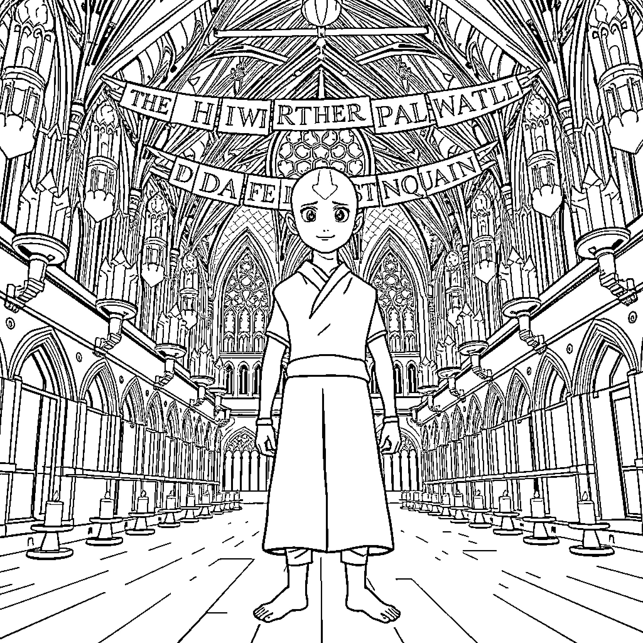 Avatar of a young person in a grand, ornate cathedral Coloring Page (free black-and-white line drawing printable PDF for all, from beginners to advanced learners, including children, teens, adults, and seniors)
