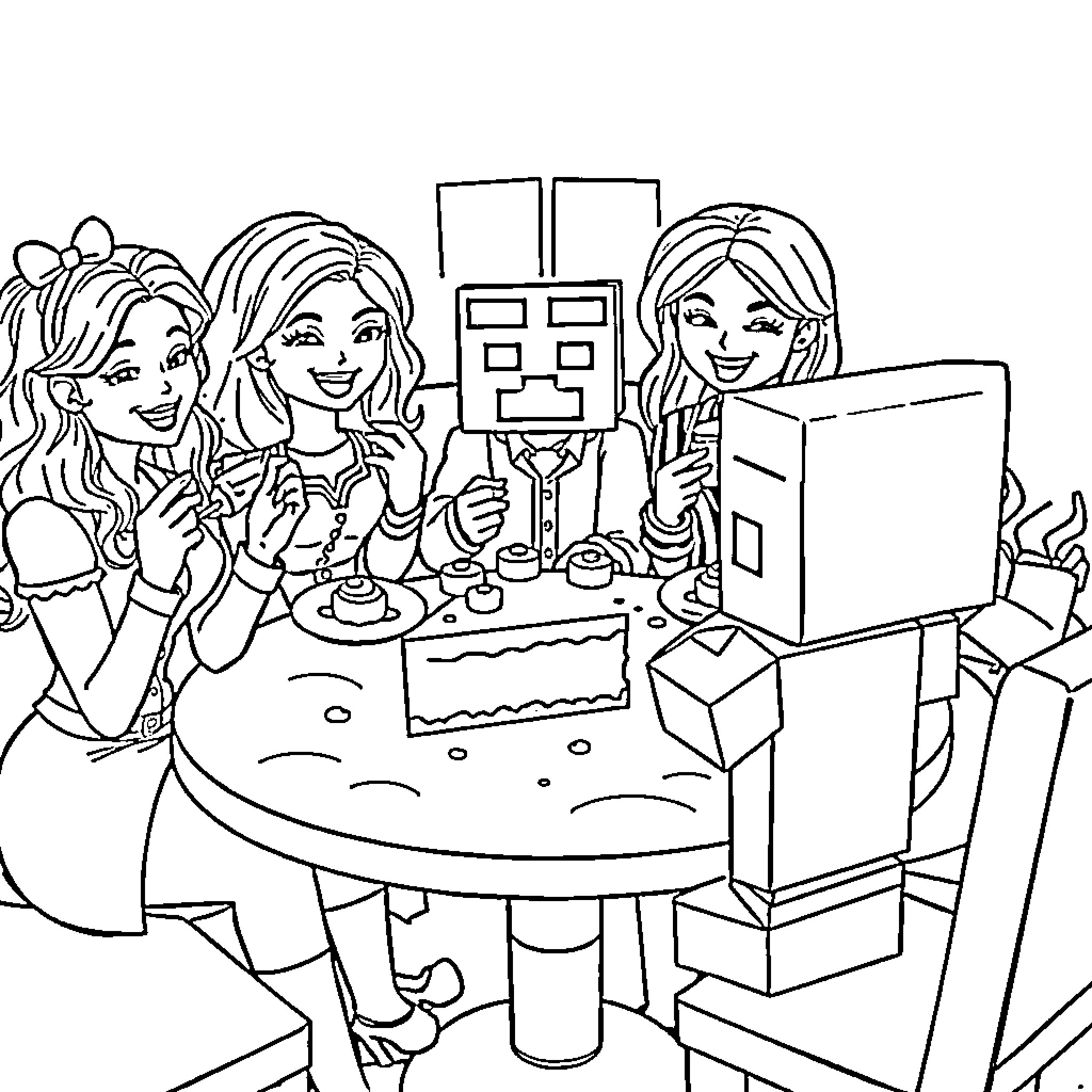 Girl Friends Enjoying Game Night Together Coloring Page (free black-and-white line drawing printable PDF for all, from beginners to advanced learners, including children, teens, adults, and seniors)