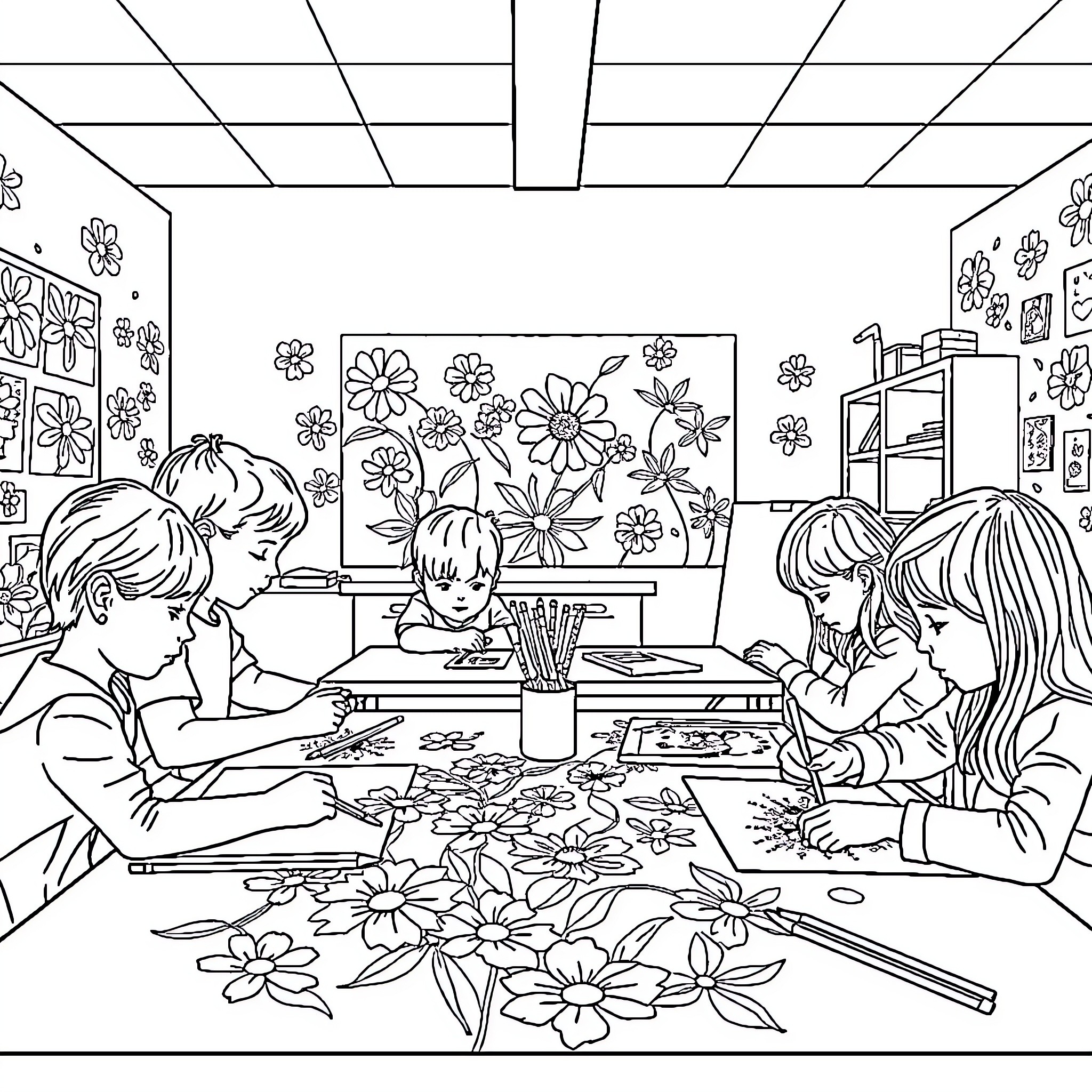 Floral Art Class for Students Coloring Page (free black-and-white line drawing printable PDF for all, from beginners to advanced learners, including children, teens, adults, and seniors)