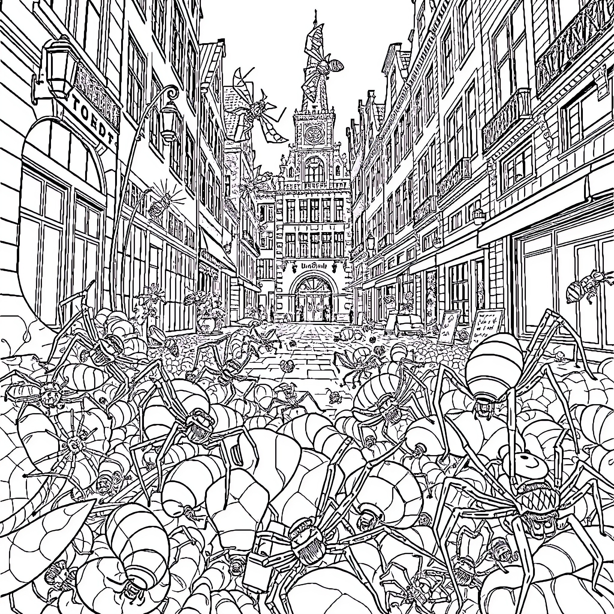 Spider-themed Characters Swarming City Street Festival Coloring Page (free black-and-white line drawing printable PDF for all, from beginners to advanced learners, including children, teens, adults, and seniors)