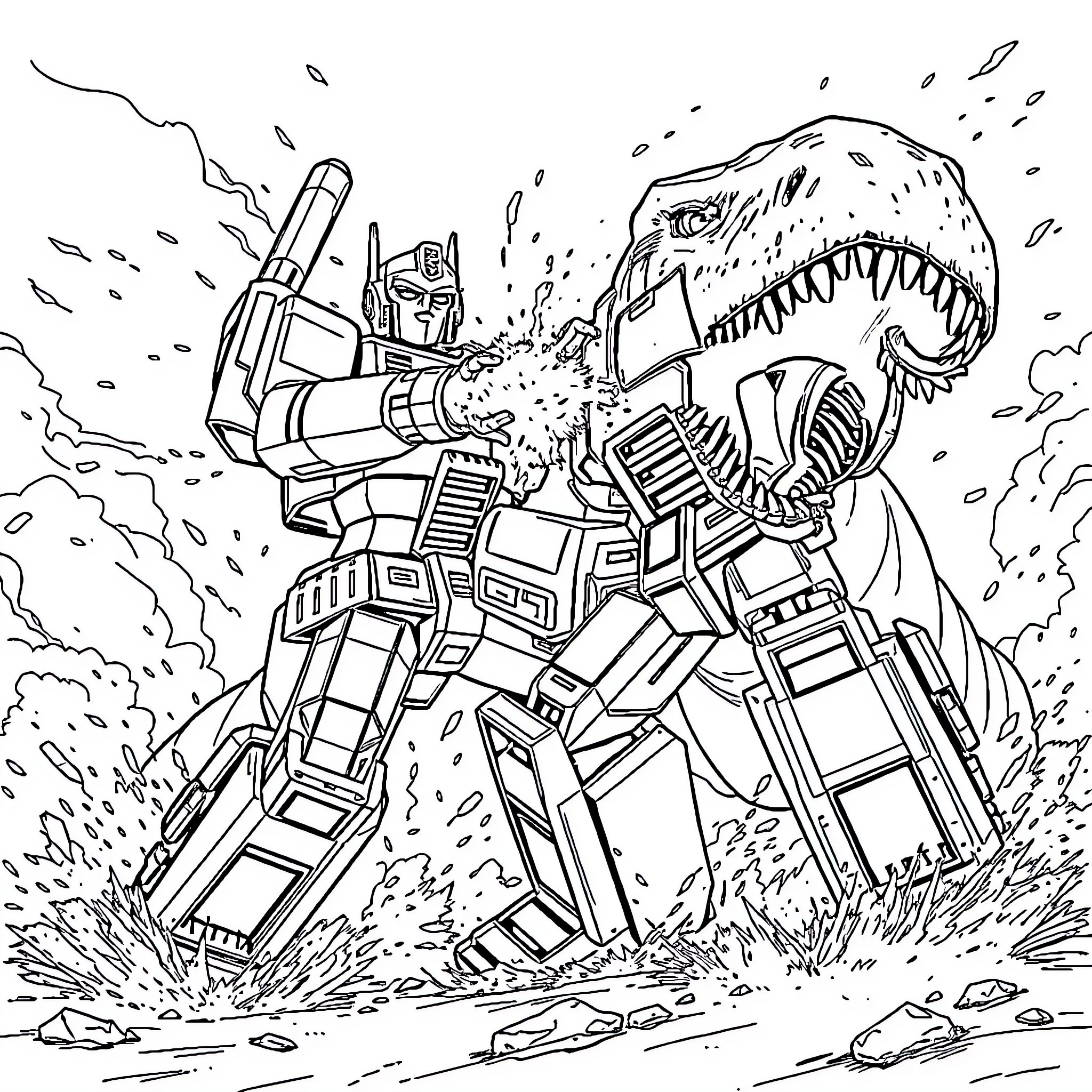 Optimus Prime battling a fearsome Dinobot Coloring Page (free black-and-white line drawing printable PDF for all, from beginners to advanced learners, including children, teens, adults, and seniors)