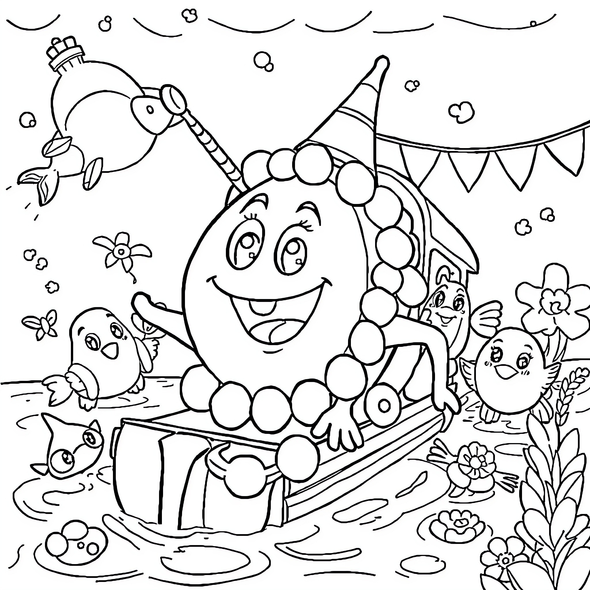 Bob l'éponge having fun at a carnival party Coloring Page (free black-and-white line drawing printable PDF for all, from beginners to advanced learners, including children, teens, adults, and seniors)