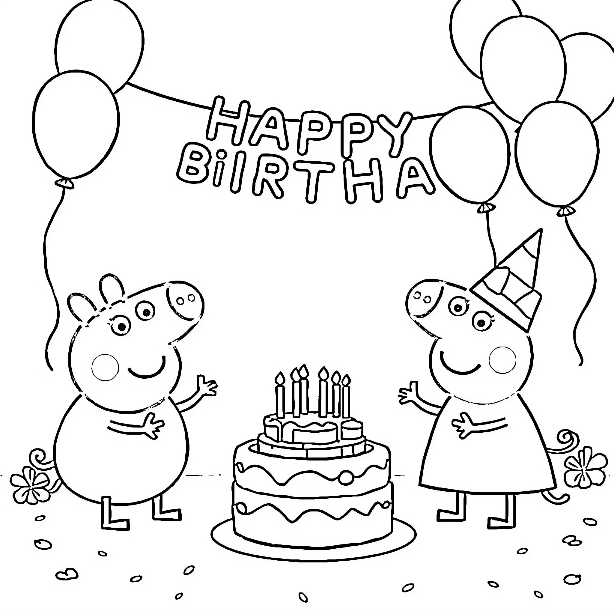 Peppa Pig and friends celebrate a happy birthday Coloring Page (free black-and-white line drawing printable PDF for all, from beginners to advanced learners, including children, teens, adults, and seniors)