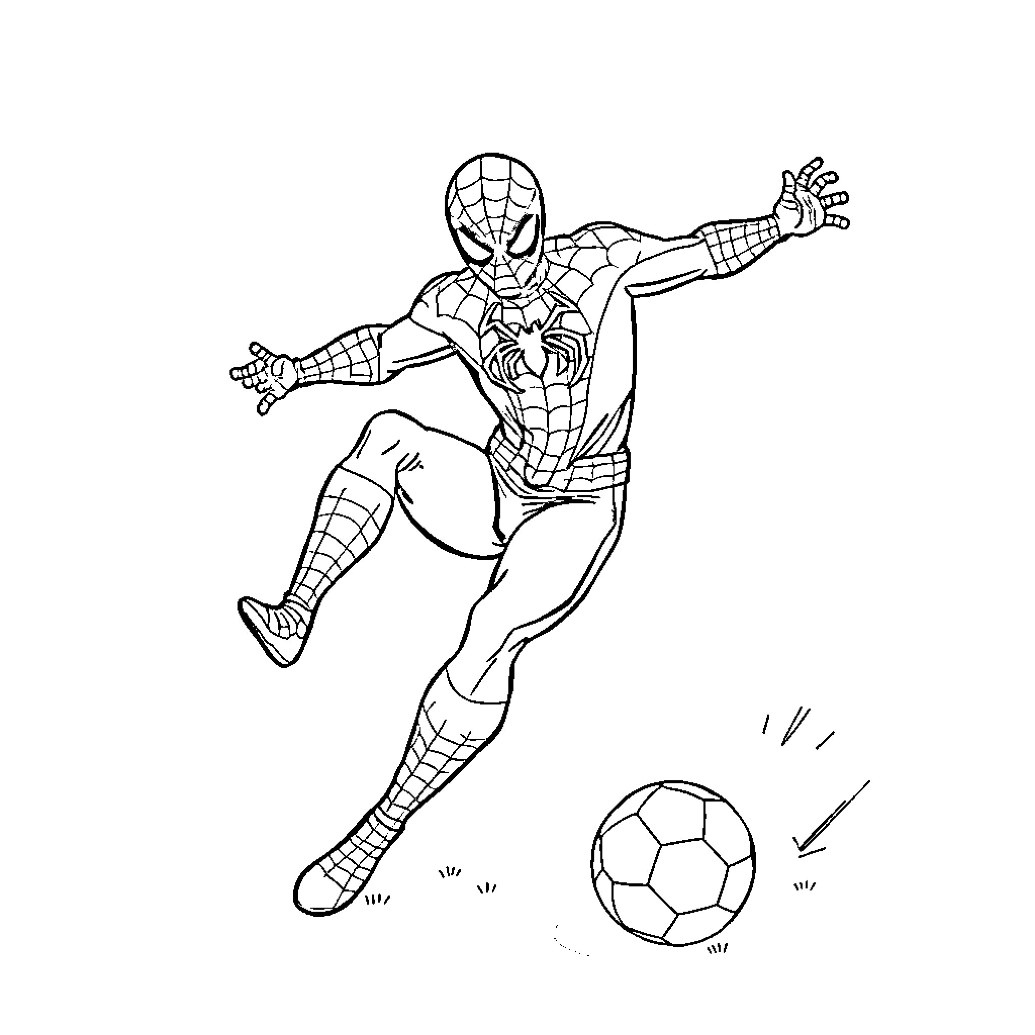 Spider-Man playing soccer with enthusiasm Coloring Page (free black-and-white line drawing printable PDF for all, from beginners to advanced learners, including children, teens, adults, and seniors)