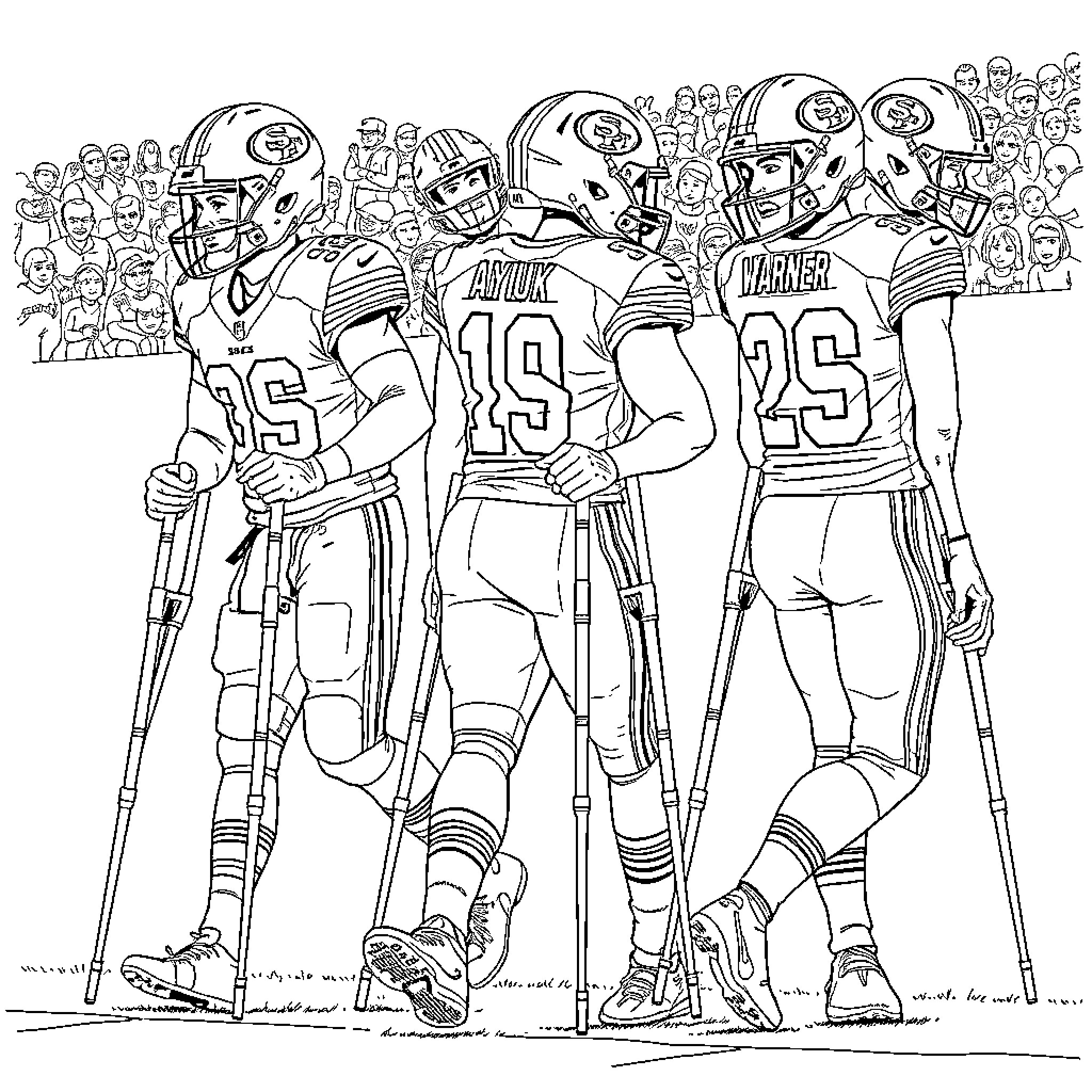 49ers football team players on the field Coloring Page (free black-and-white line drawing printable PDF for all, from beginners to advanced learners, including children, teens, adults, and seniors)