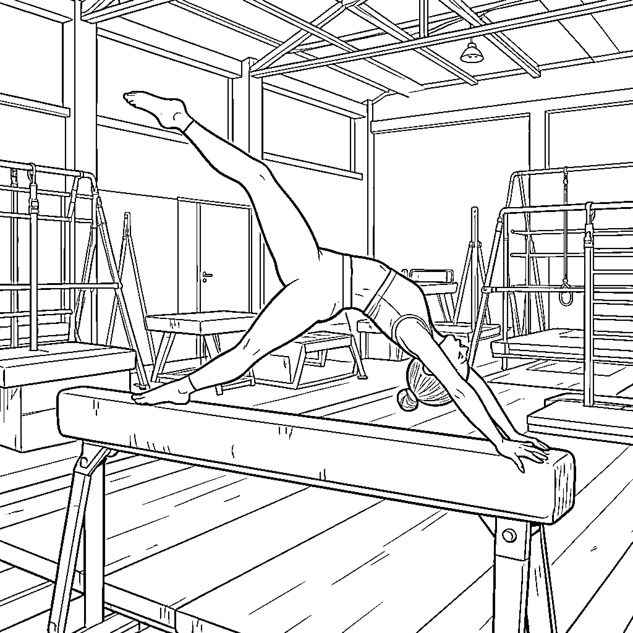 Gymnast performing acrobatic routine in training facility Coloring Page (free black-and-white line drawing printable PDF for all, from beginners to advanced learners, including children, teens, adults, and seniors)