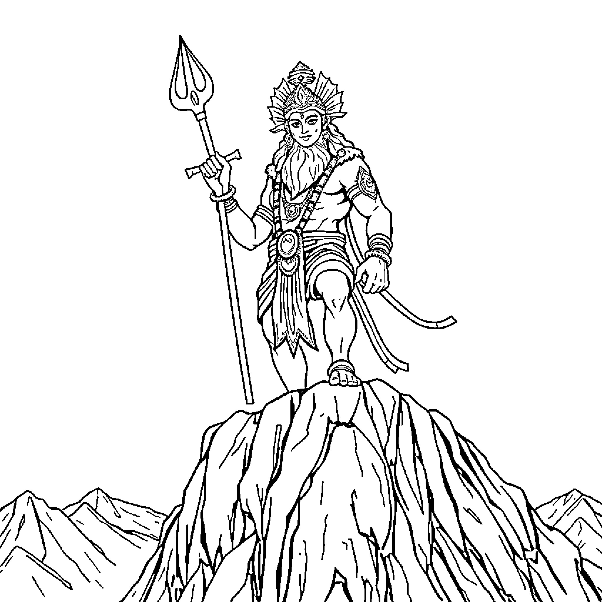 Hanuman standing tall with mighty trident on mountain peak Coloring Page (free black-and-white line drawing printable PDF for all, from beginners to advanced learners, including children, teens, adults, and seniors)