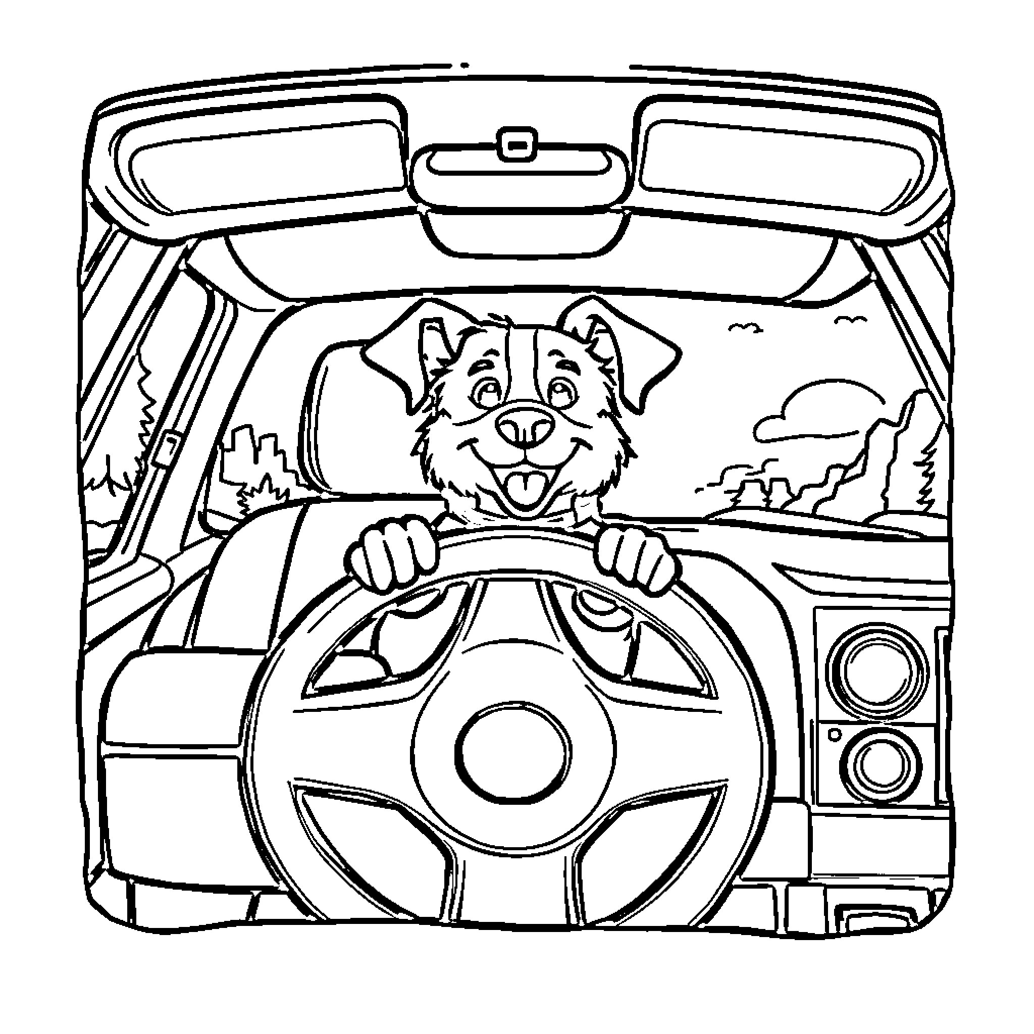 Dog driving a car happily Coloring Page (free black-and-white line drawing printable PDF for all, from beginners to advanced learners, including children, teens, adults, and seniors)