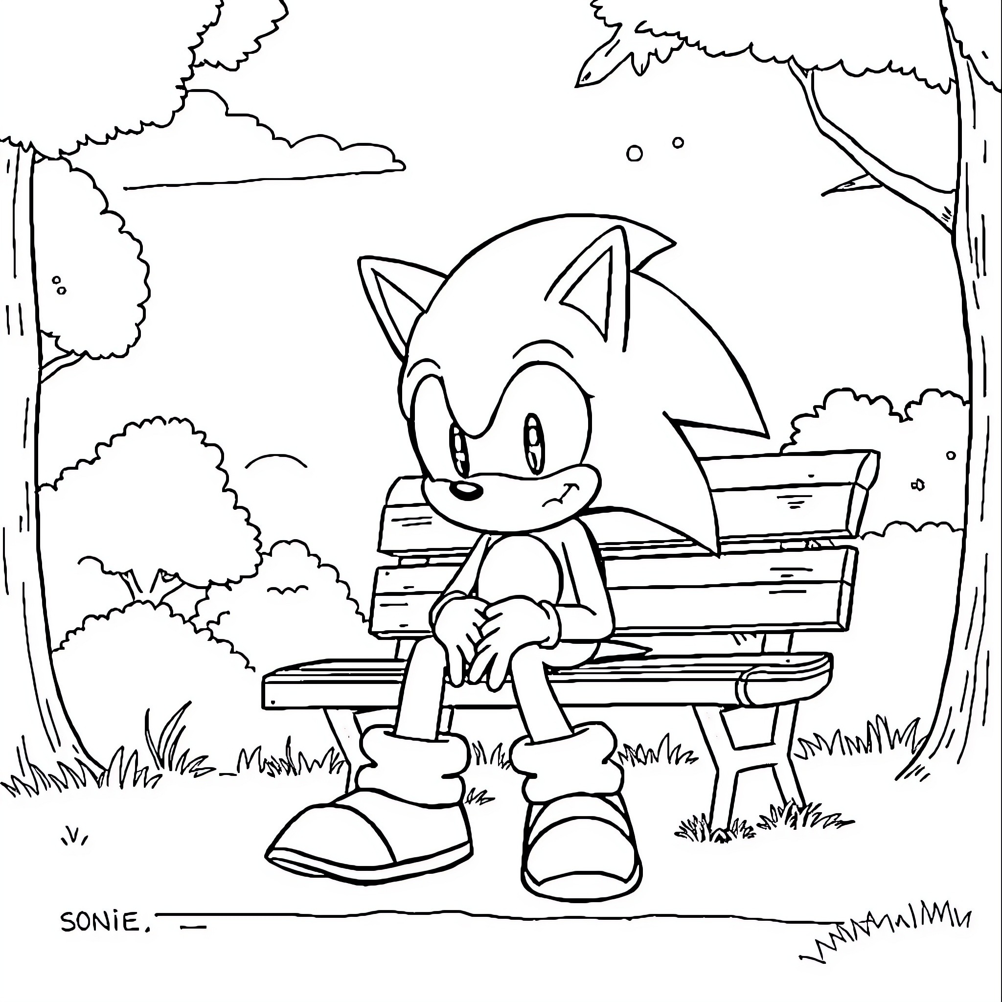 Sonic sitting on a bench in a park Coloring Page (free black-and-white line drawing printable PDF for all, from beginners to advanced learners, including children, teens, adults, and seniors)