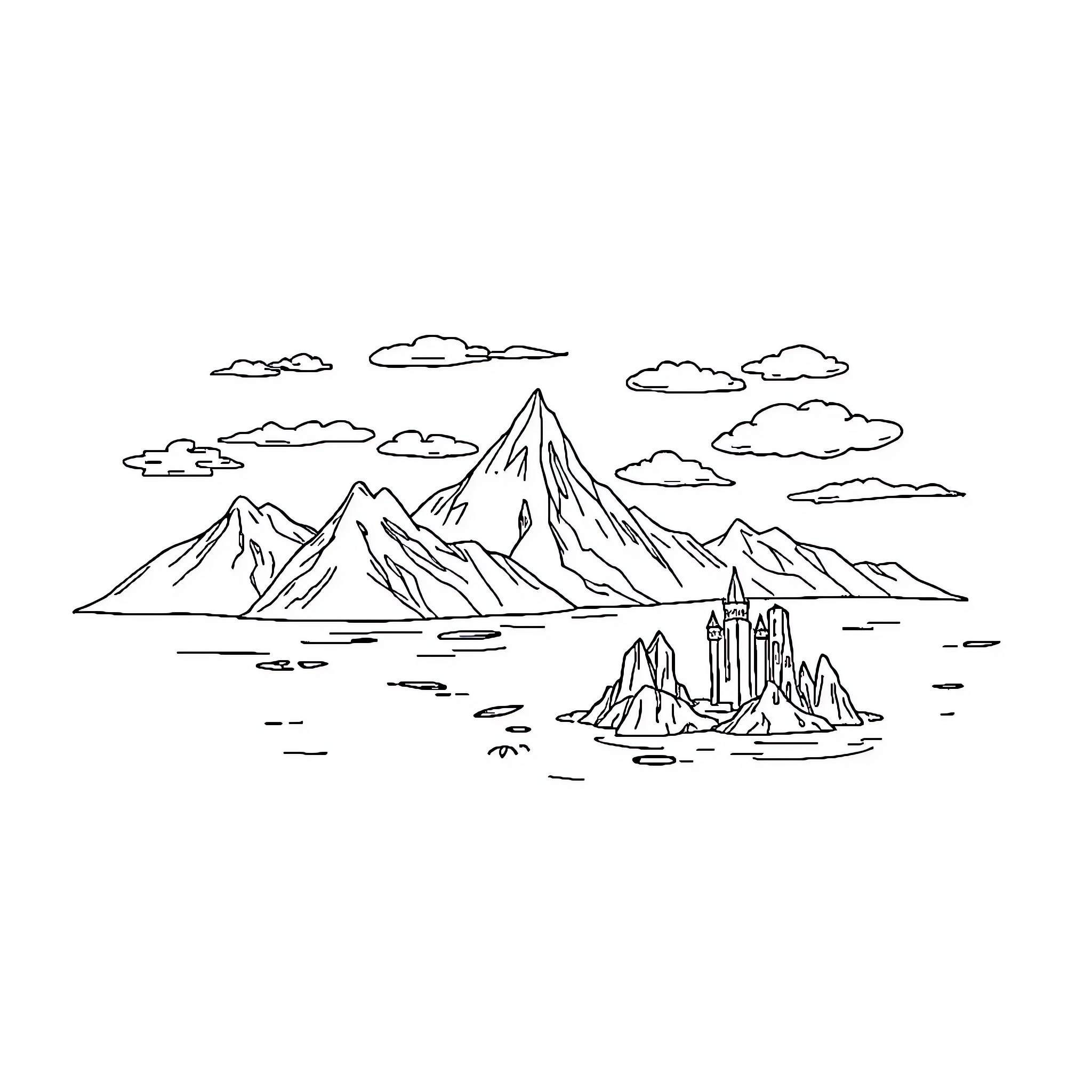 Treasure Map of Fantastical Mountains and Castles Coloring Page (free black-and-white line drawing printable PDF for all, from beginners to advanced learners, including children, teens, adults, and seniors)