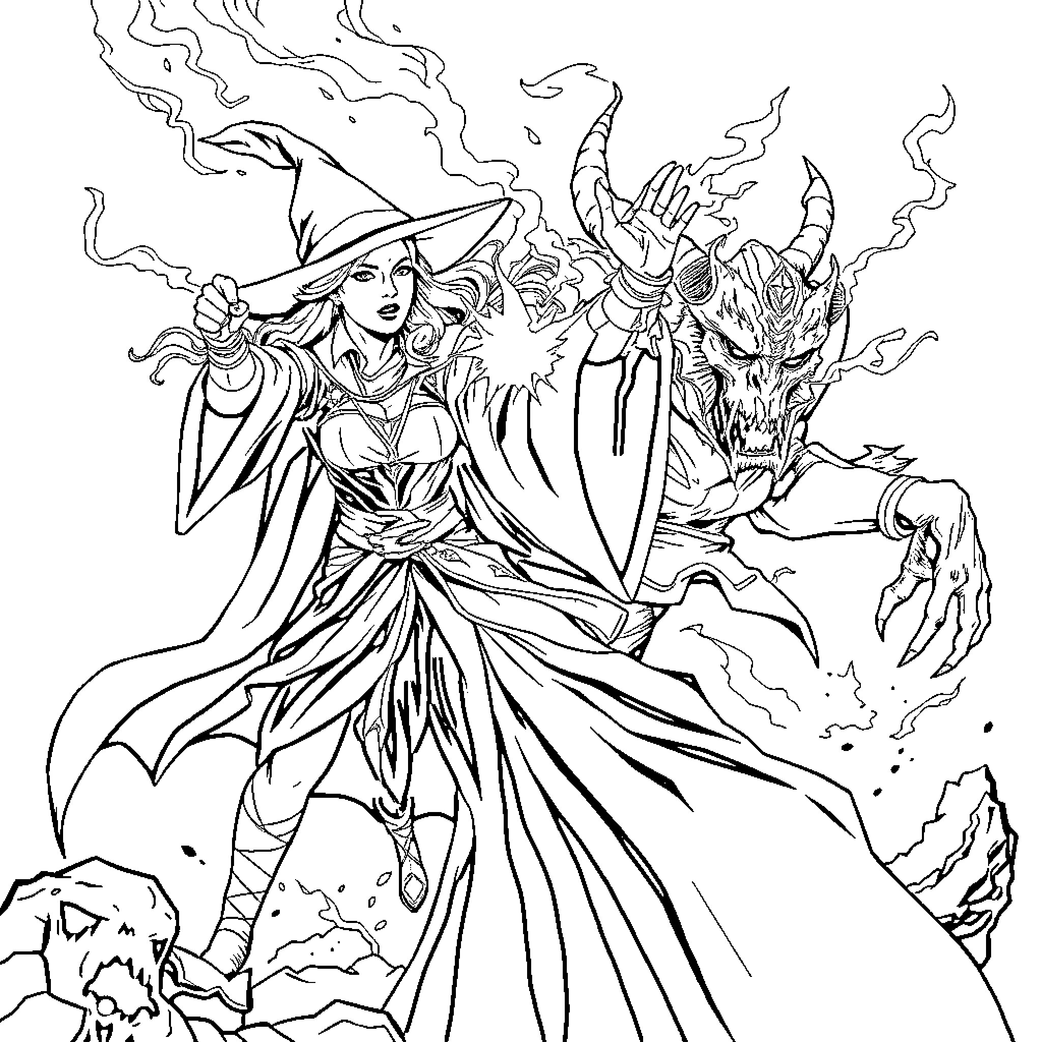 Sorceress summoning a demonic familiar Coloring Page (free black-and-white line drawing printable PDF for all, from beginners to advanced learners, including children, teens, adults, and seniors)