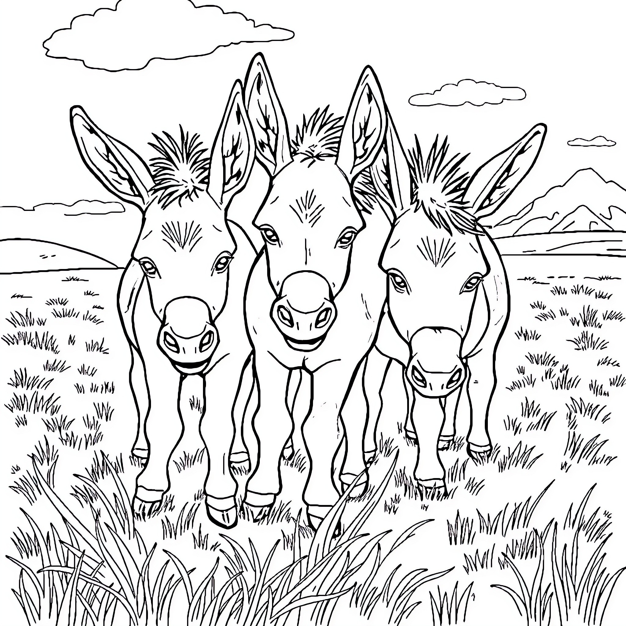 Donkeys grazing peacefully in a scenic countryside Coloring Page (free black-and-white line drawing printable PDF for all, from beginners to advanced learners, including children, teens, adults, and seniors)