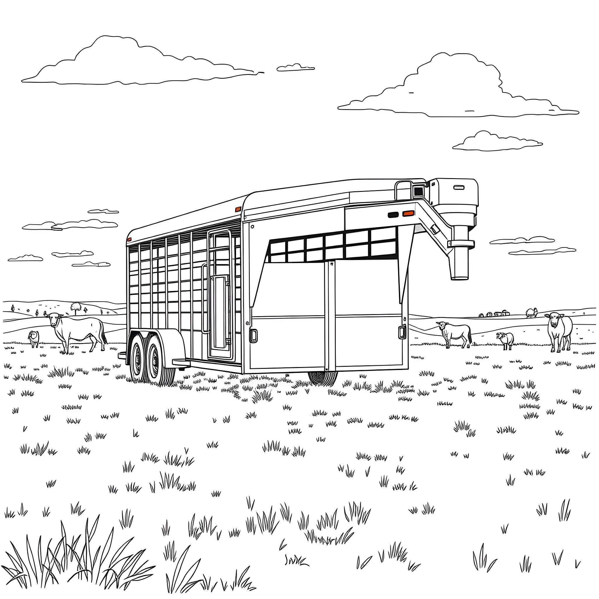 Gooseneck Trailer with Livestock in Pastoral Landscape Coloring Page (free black-and-white line drawing printable PDF for all, from beginners to advanced learners, including children, teens, adults, and seniors)