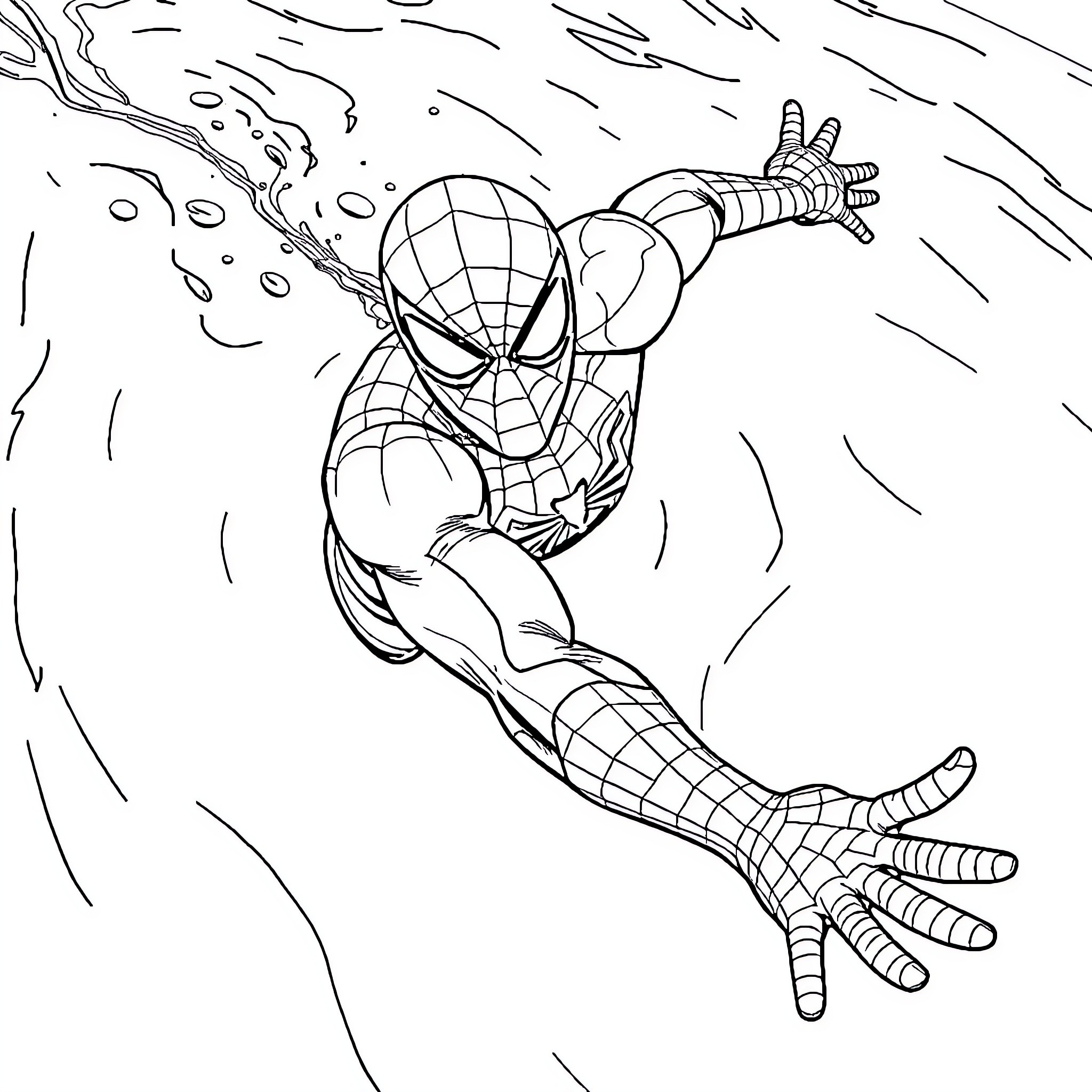Spiderman swinging through the city in action Coloring Page (free black-and-white line drawing printable PDF for all, from beginners to advanced learners, including children, teens, adults, and seniors)