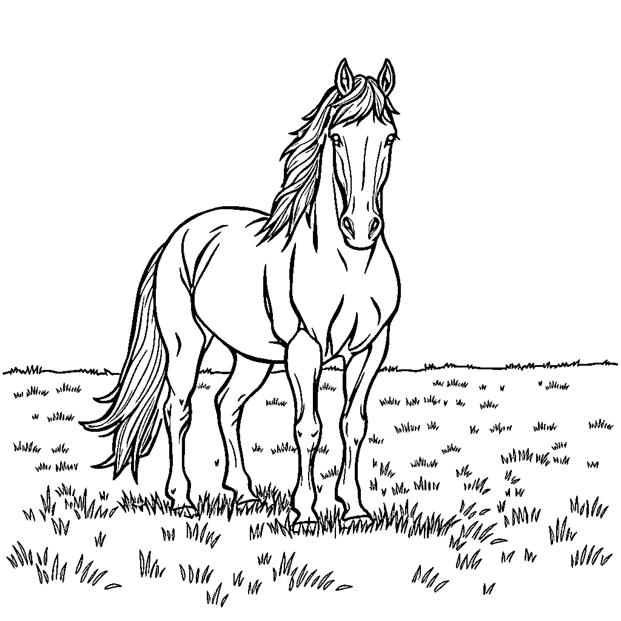 Horse standing proudly in the grassy field Coloring Page (free black-and-white line drawing printable PDF for all, from beginners to advanced learners, including children, teens, adults, and seniors)