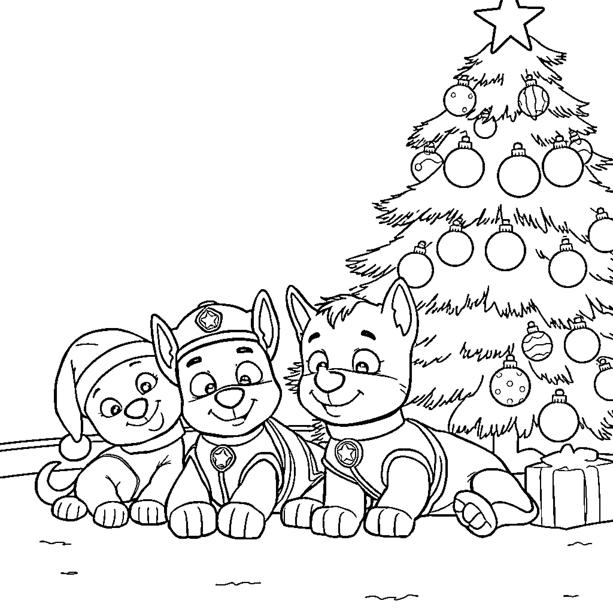 Paw Patrol celebrating Christmas with decorated tree Coloring Page (free black-and-white line drawing printable PDF for all, from beginners to advanced learners, including children, teens, adults, and seniors)
