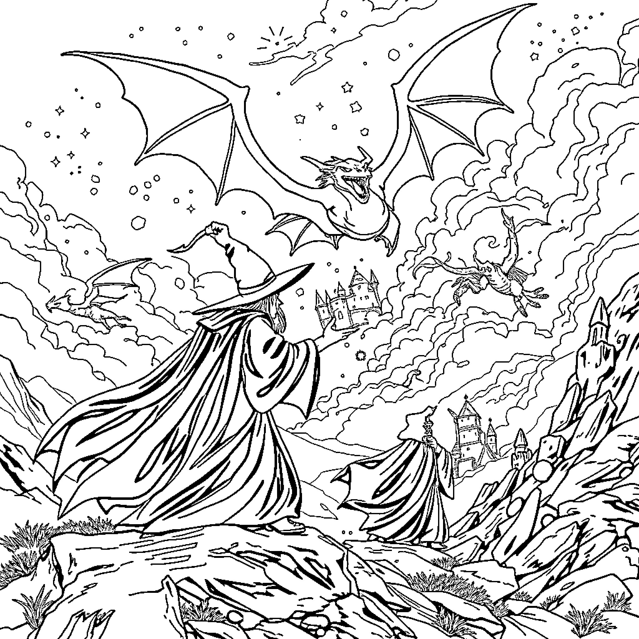 Wizard summoning magical dragon in enchanted landscape Coloring Page (free black-and-white line drawing printable PDF for all, from beginners to advanced learners, including children, teens, adults, and seniors)