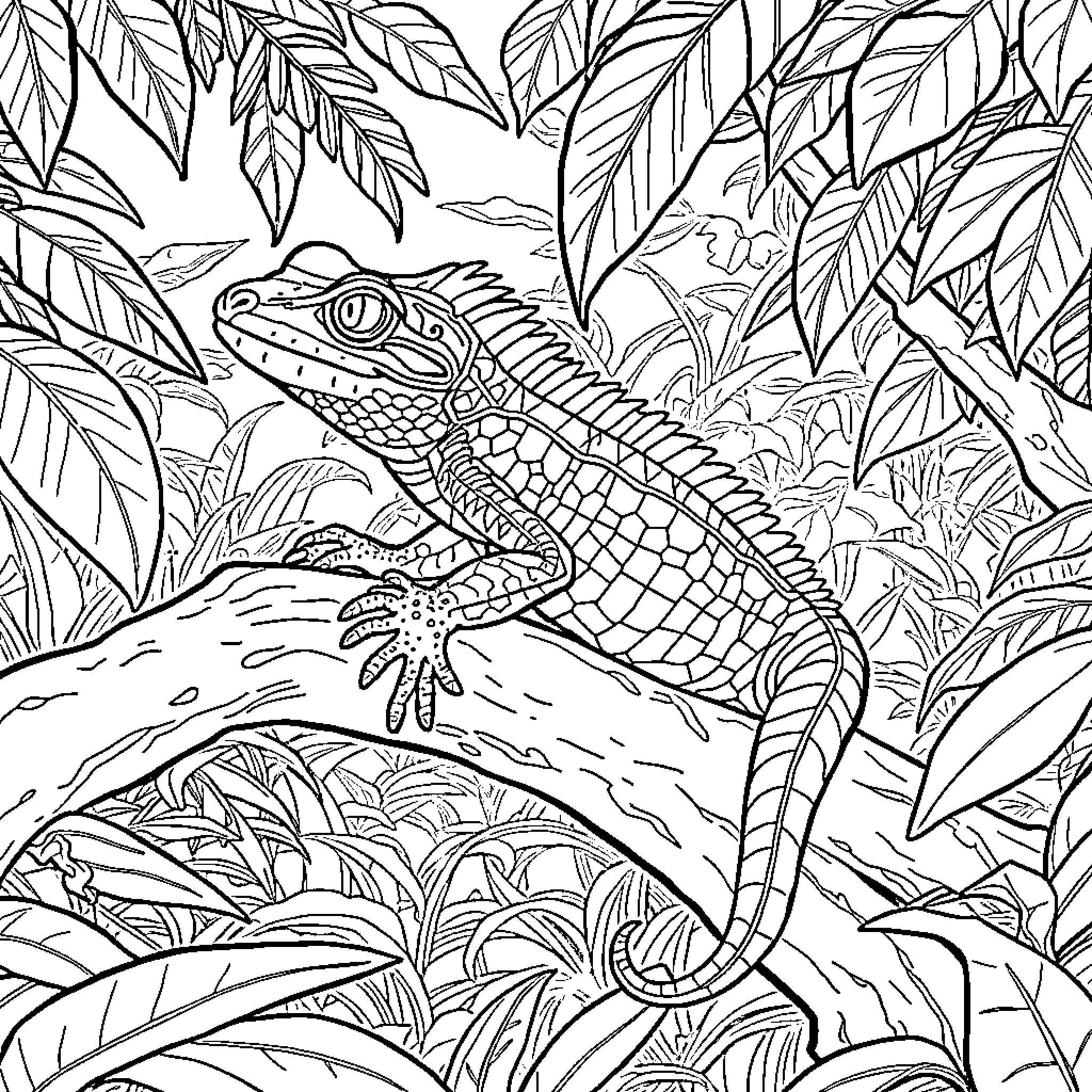 Physignathus Cocincinus in a lush jungle setting Coloring Page (free black-and-white line drawing printable PDF for all, from beginners to advanced learners, including children, teens, adults, and seniors)