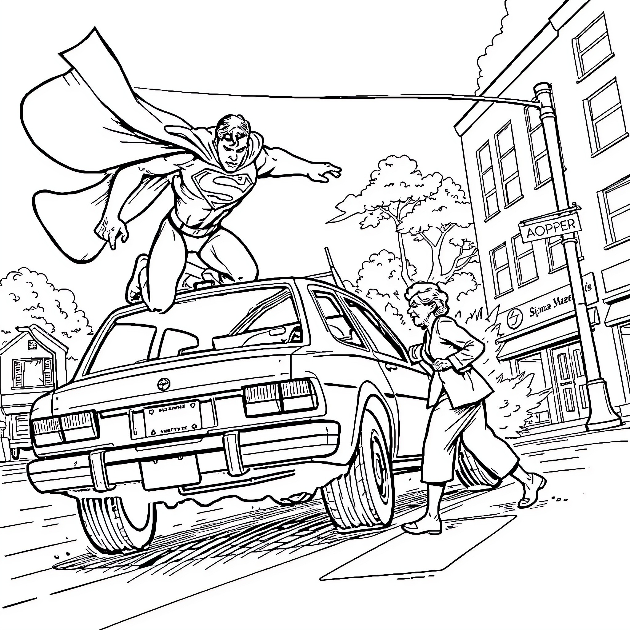 Superman rescuing citizens in the city Coloring Page (free black-and-white line drawing printable PDF for all, from beginners to advanced learners, including children, teens, adults, and seniors)