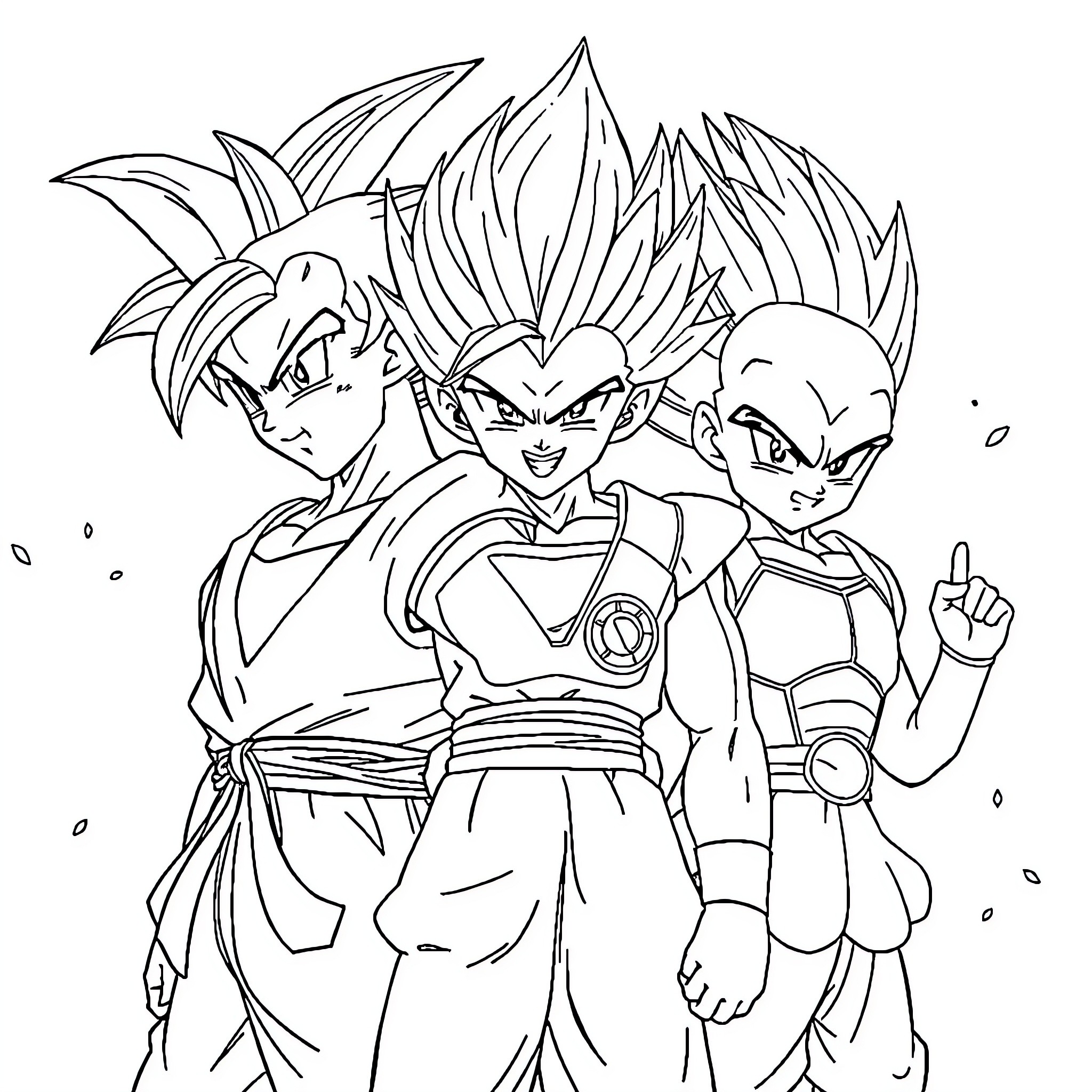 Dragon Ball Z Animated Characters in Action Poses Coloring Page (free black-and-white line drawing printable PDF for all, from beginners to advanced learners, including children, teens, adults, and seniors)