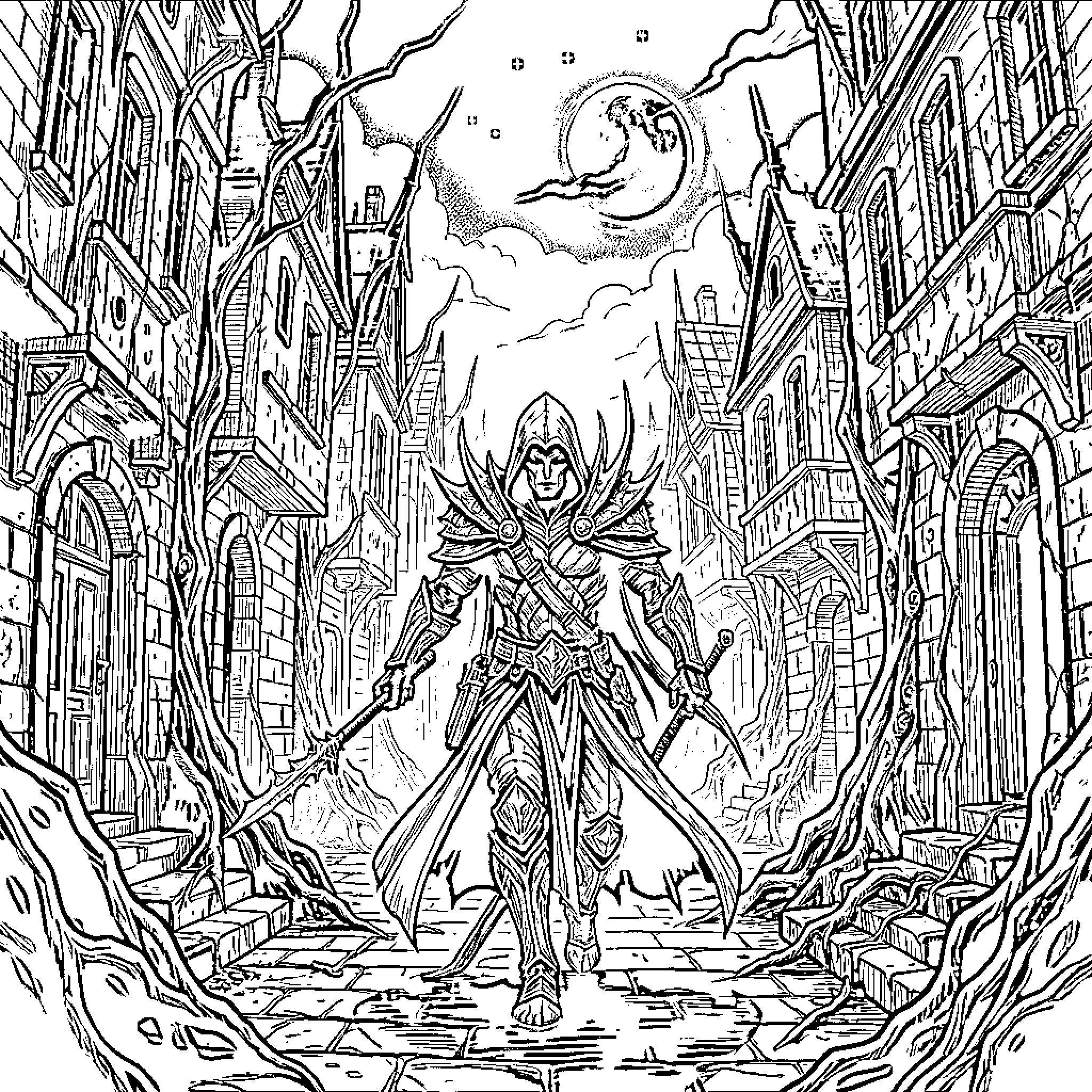 Illith: Warrior Stands Tall in Mystical City Coloring Page (free black-and-white line drawing printable PDF for all, from beginners to advanced learners, including children, teens, adults, and seniors)
