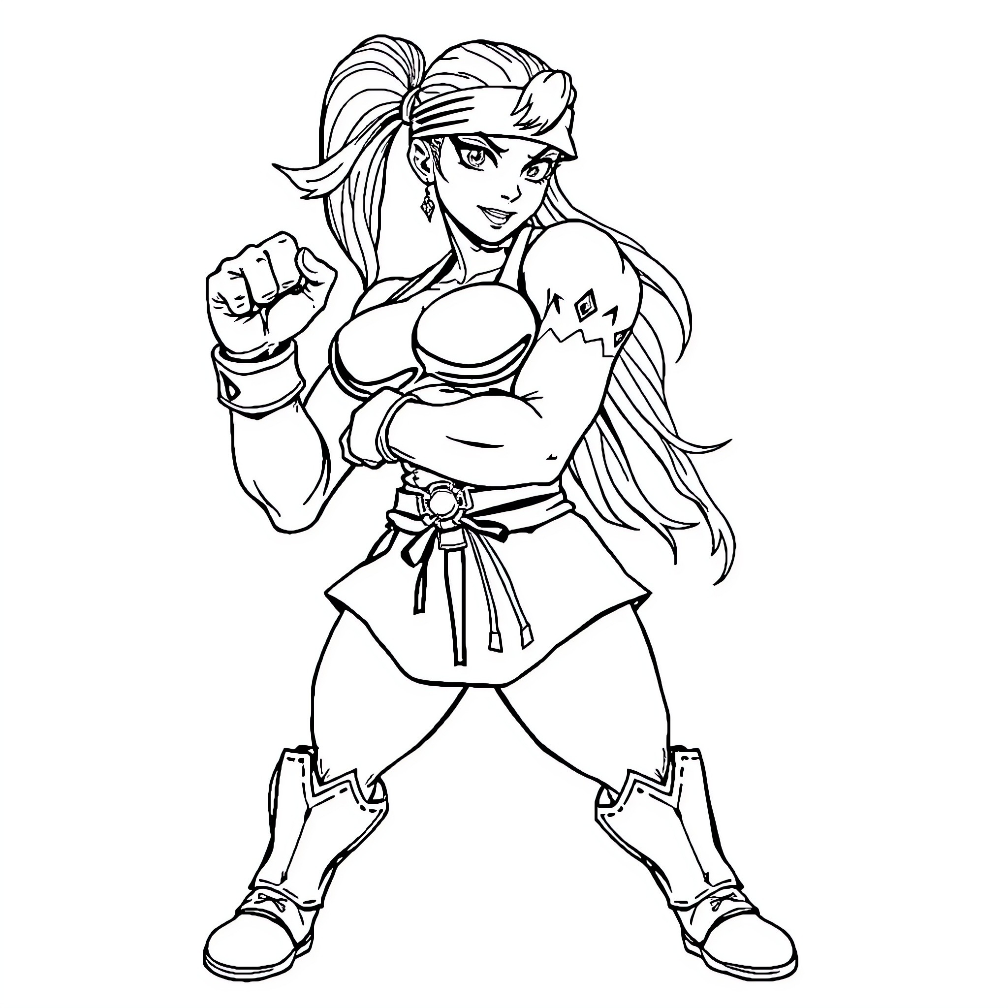 Cammy in fighting stance with intense expression Coloring Page (free black-and-white line drawing printable PDF for all, from beginners to advanced learners, including children, teens, adults, and seniors)