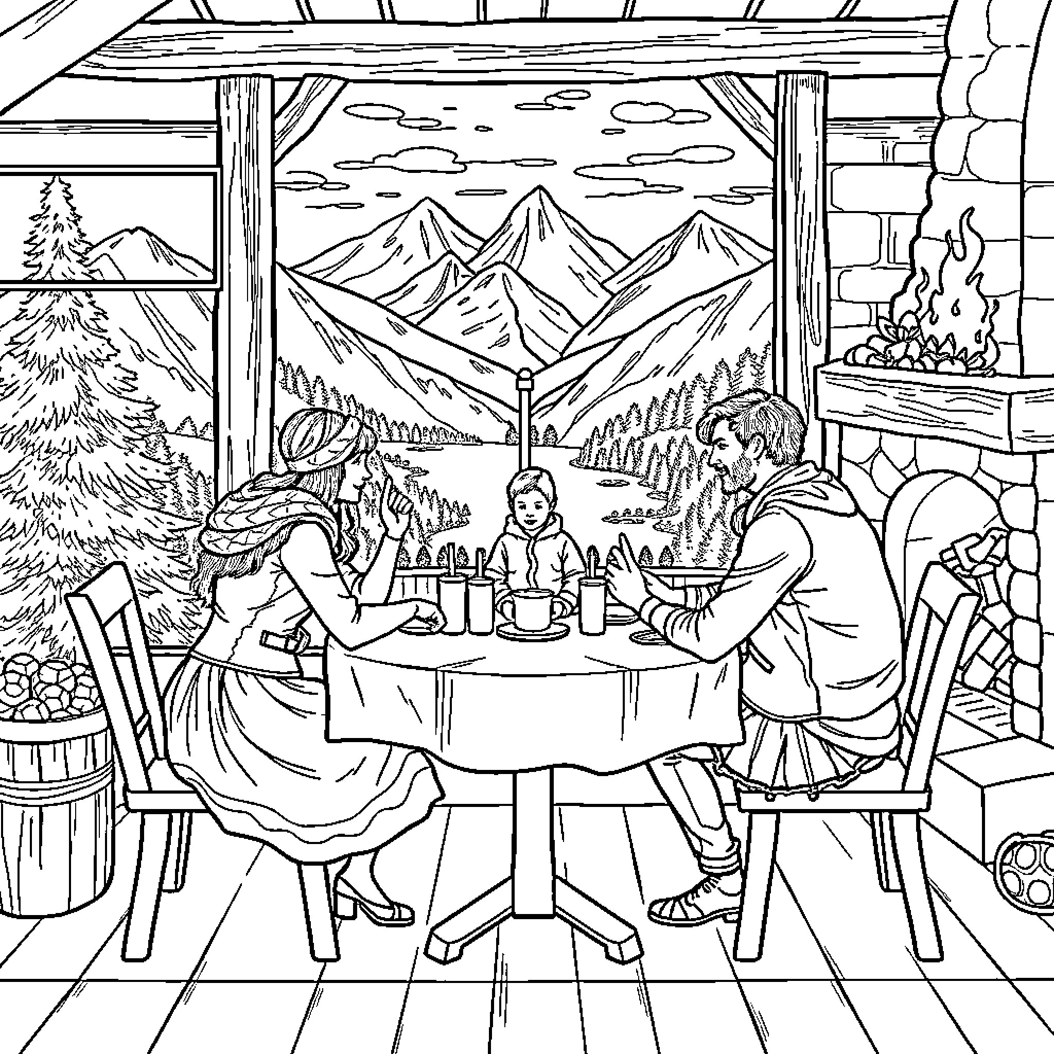 Table for a Family Gathering in a Mountain Cabin Coloring Page (free black-and-white line drawing printable PDF for all, from beginners to advanced learners, including children, teens, adults, and seniors)