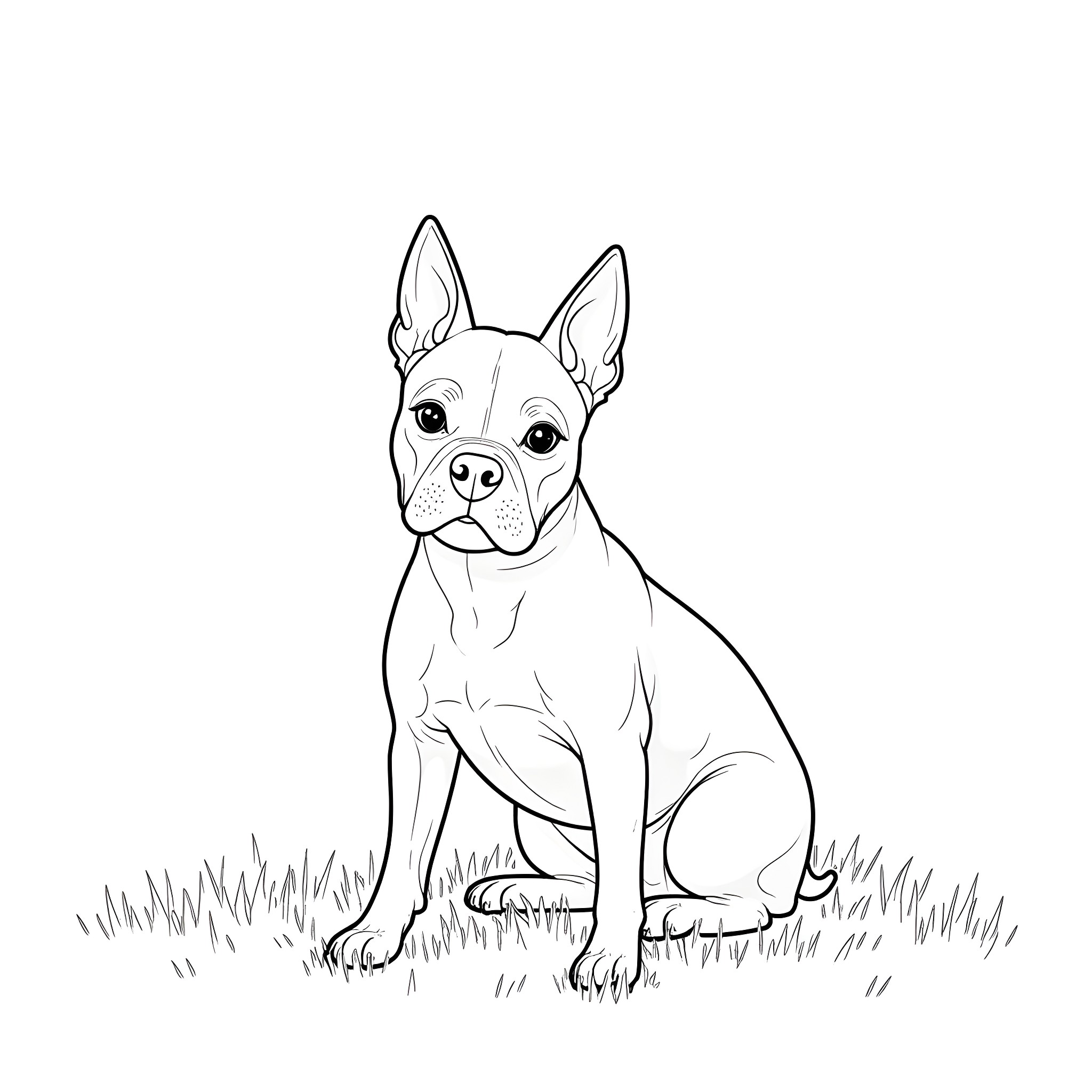 Boston Terrier sitting in the grass Coloring Page (free black-and-white line drawing printable PDF for all, from beginners to advanced learners, including children, teens, adults, and seniors)