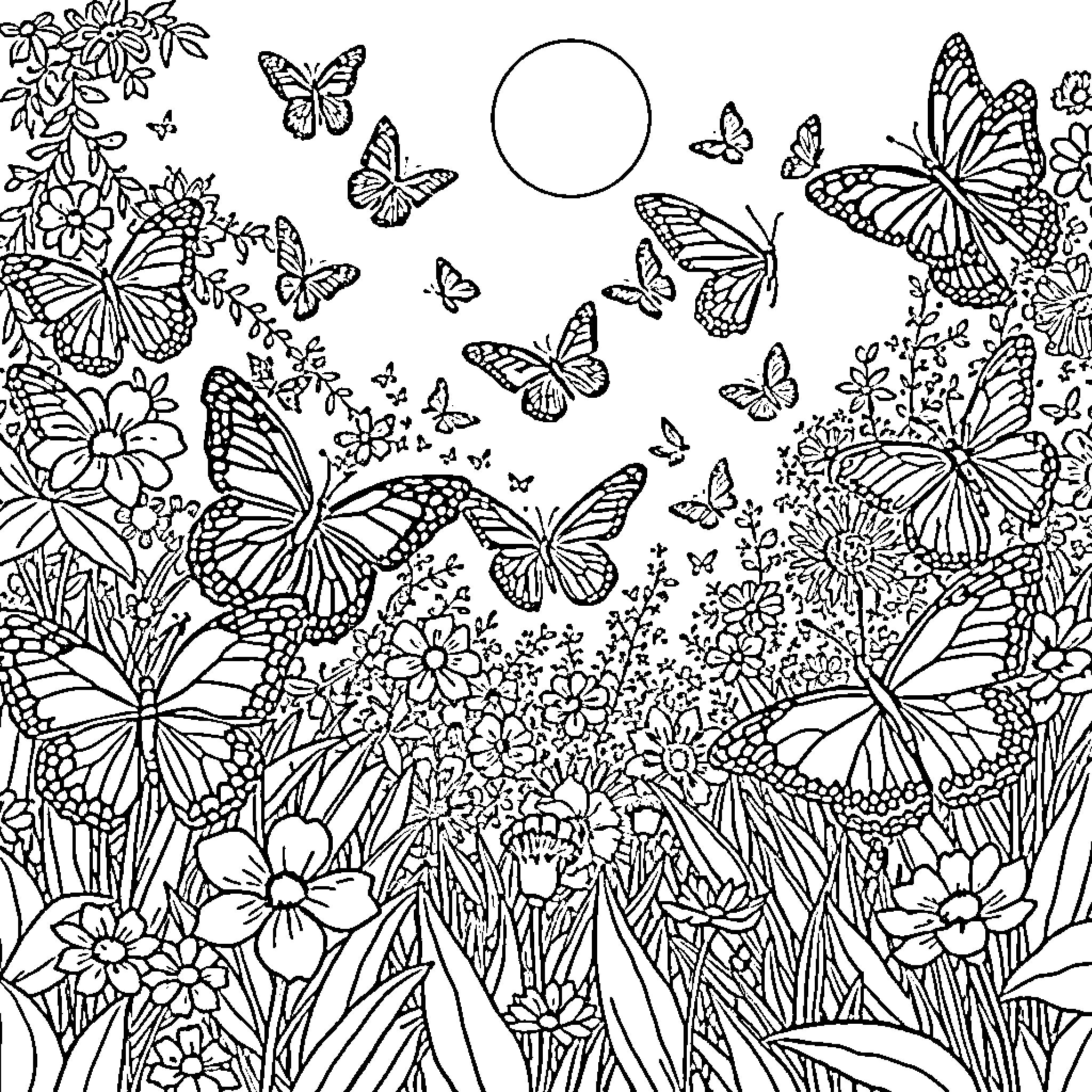 Butterflies dancing amidst a floral wonderland Coloring Page (free black-and-white line drawing printable PDF for all, from beginners to advanced learners, including children, teens, adults, and seniors)