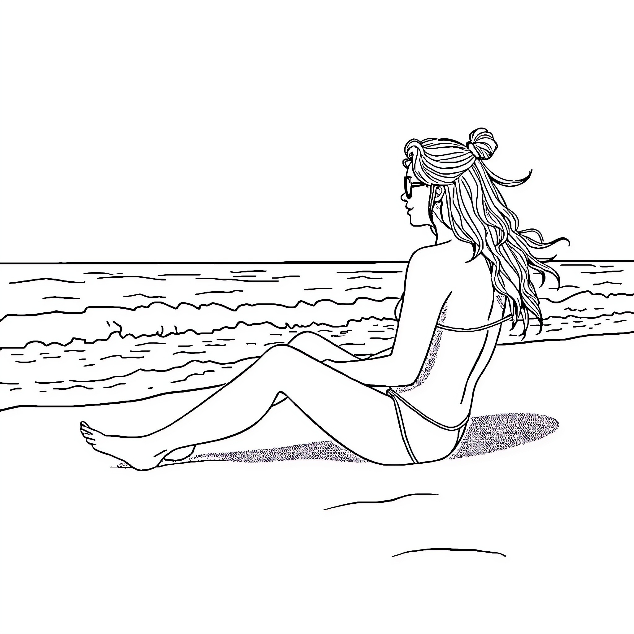 Man sitting alone on the beach Coloring Page (free black-and-white line drawing printable PDF for all, from beginners to advanced learners, including children, teens, adults, and seniors)