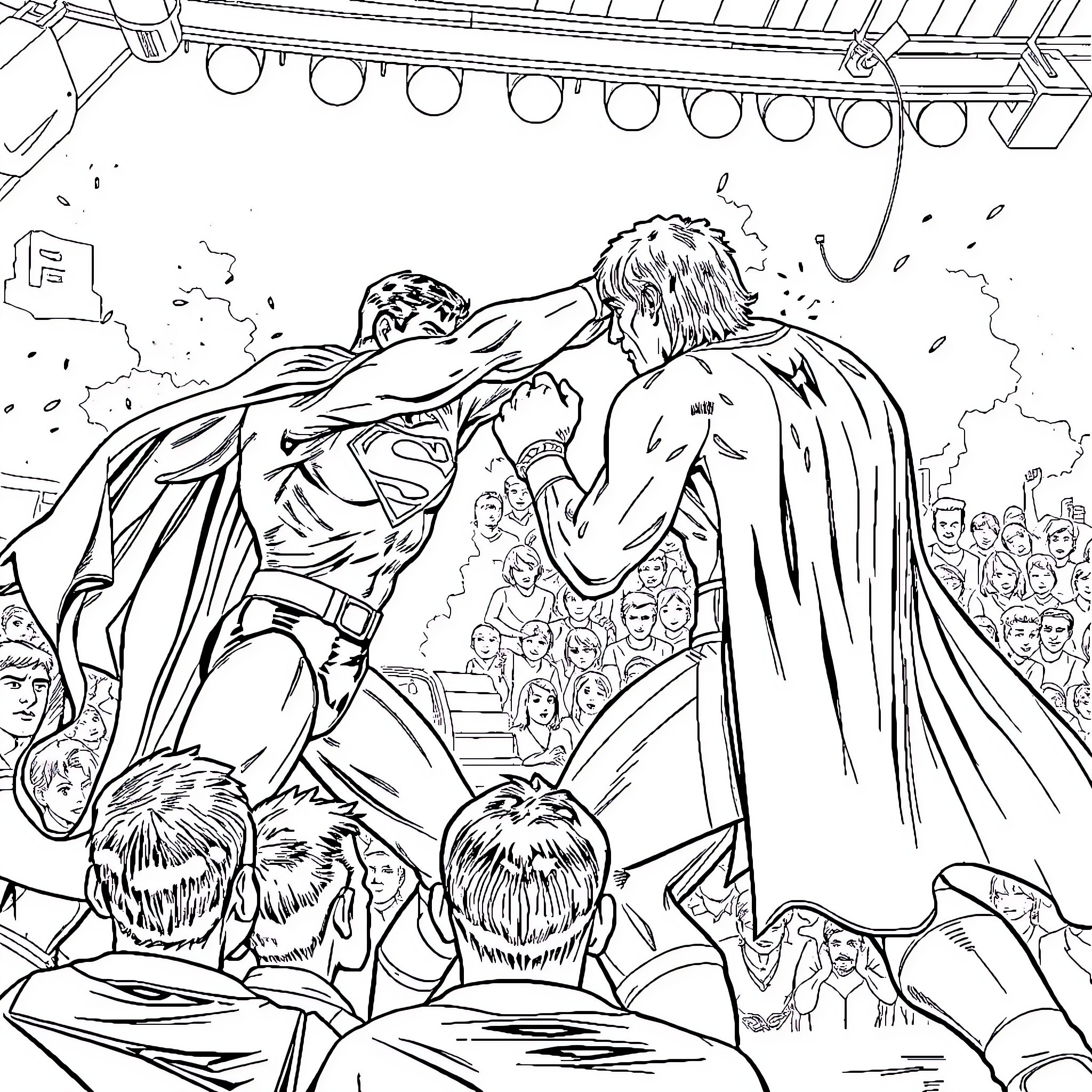 Superman confronting a powerful figure on stage Coloring Page (free black-and-white line drawing printable PDF for all, from beginners to advanced learners, including children, teens, adults, and seniors)