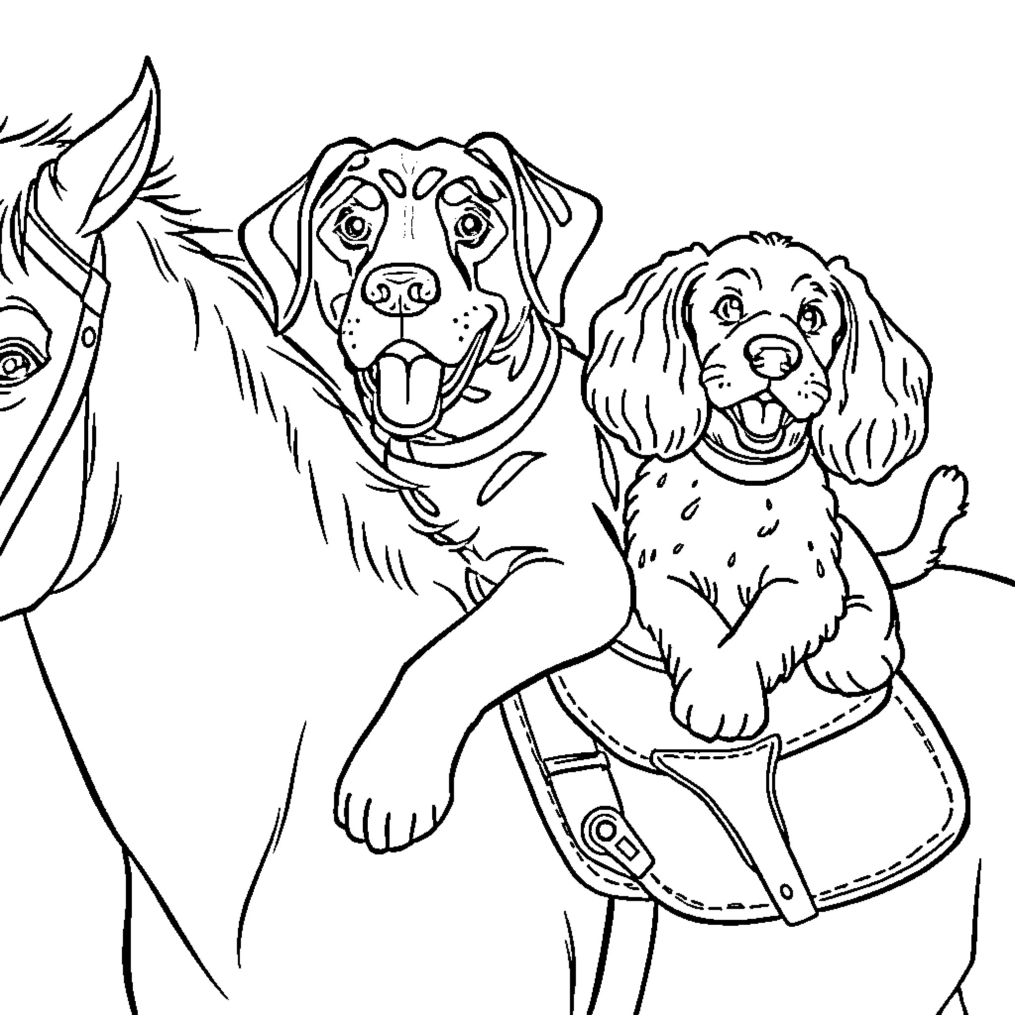 Dog friends posing happily for a picture Coloring Page (free black-and-white line drawing printable PDF for all, from beginners to advanced learners, including children, teens, adults, and seniors)