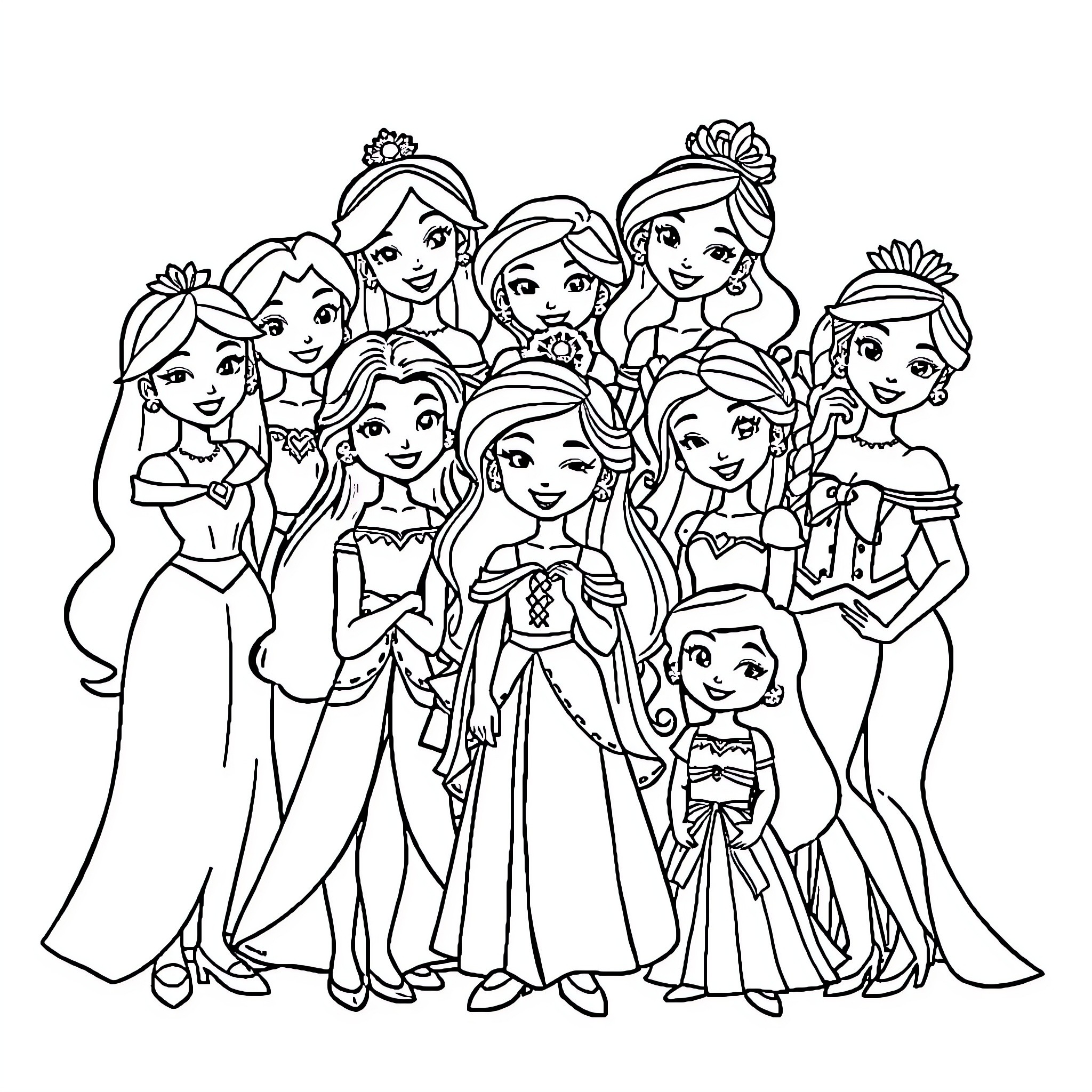 Princess characters in regal attire gathered together Coloring Page (free black-and-white line drawing printable PDF for all, from beginners to advanced learners, including children, teens, adults, and seniors)