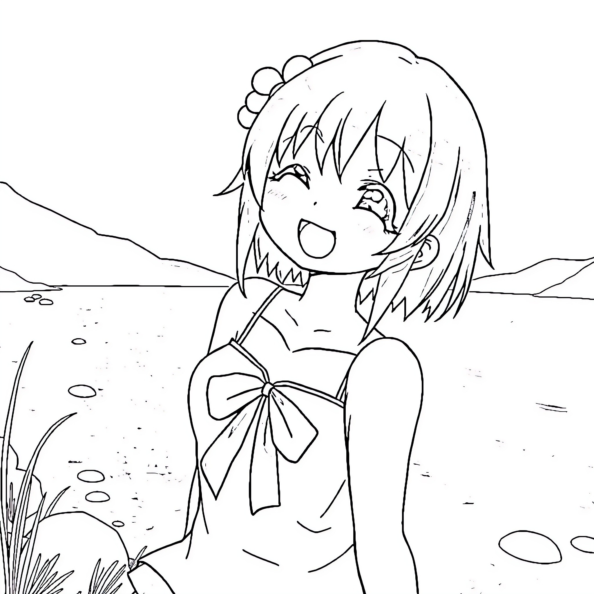 Aqua girl enjoying a sunny day at the beach Coloring Page (free black-and-white line drawing printable PDF for all, from beginners to advanced learners, including children, teens, adults, and seniors)