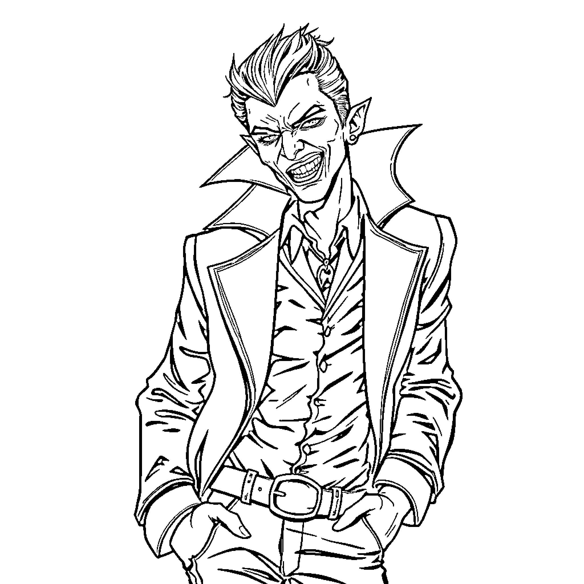 Vampire laughing maniacally in a suit Coloring Page (free black-and-white line drawing printable PDF for all, from beginners to advanced learners, including children, teens, adults, and seniors)